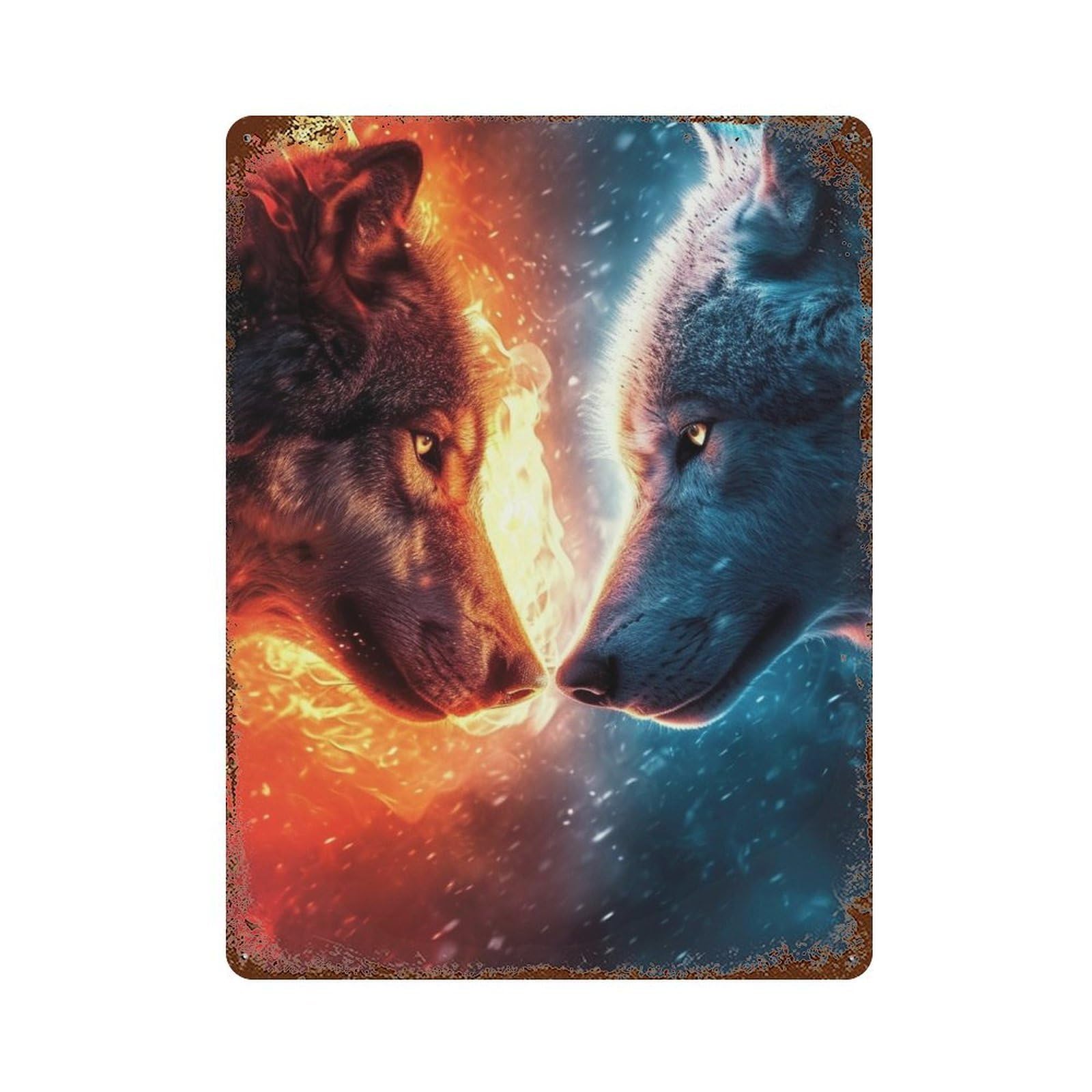 Fire Vs. Ice Wolves Retro Metal Sign 15.7"x11.8", Vintage Wall Decor for Bistro, Counter And Cafe Decor