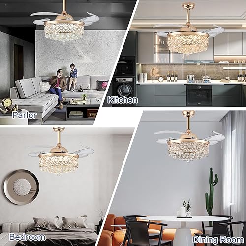 Miniatura 6 de DuMaiWay Ventilador de techo retráctil de cristal de 42 pulgadas con luz y control remoto invisible LED para ventilador de techo, color dorado