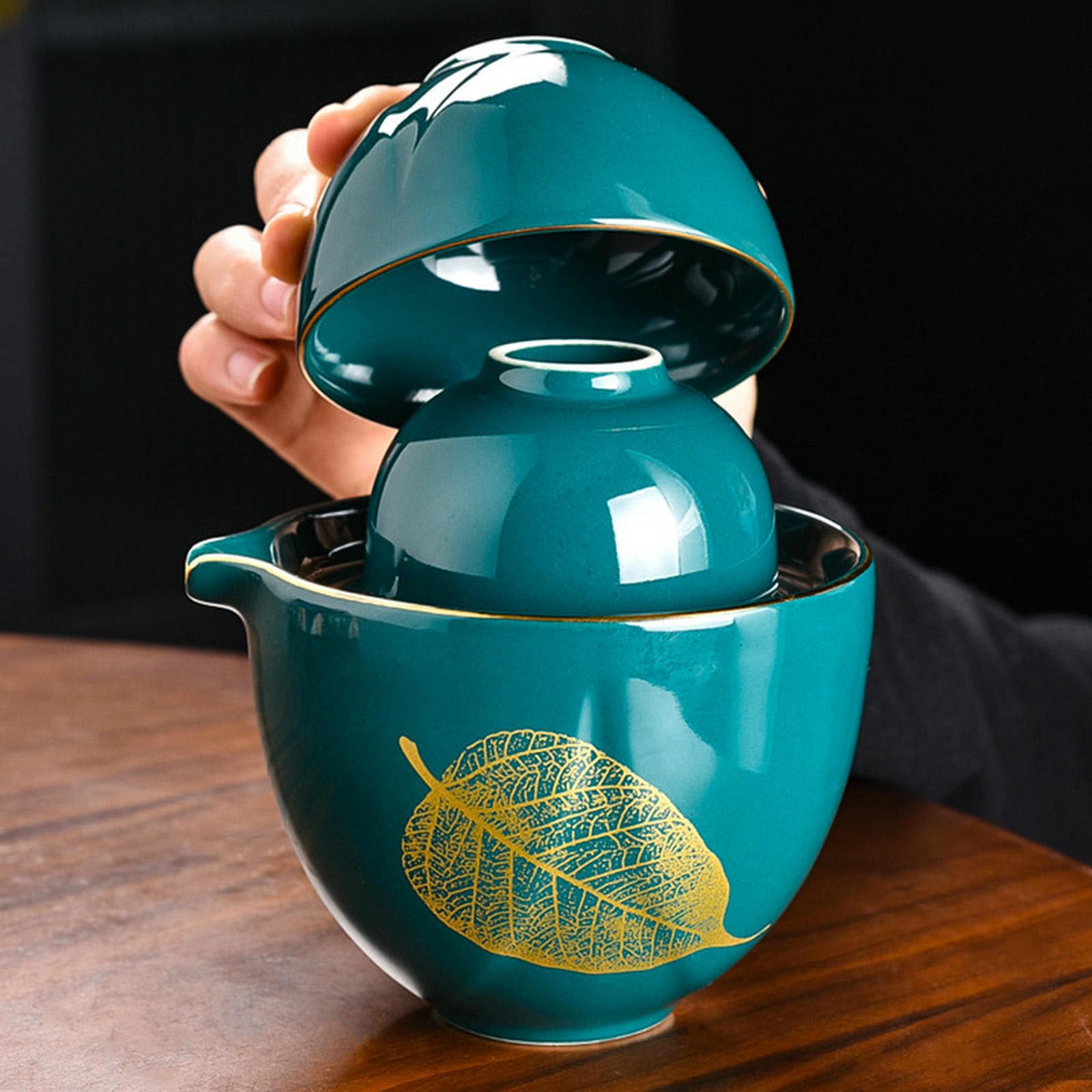 Juego de té portátil de cerámica japonesa, juego de viaje al aire libre con una olla y dos tazas, clásico negro y ciervo acompañan