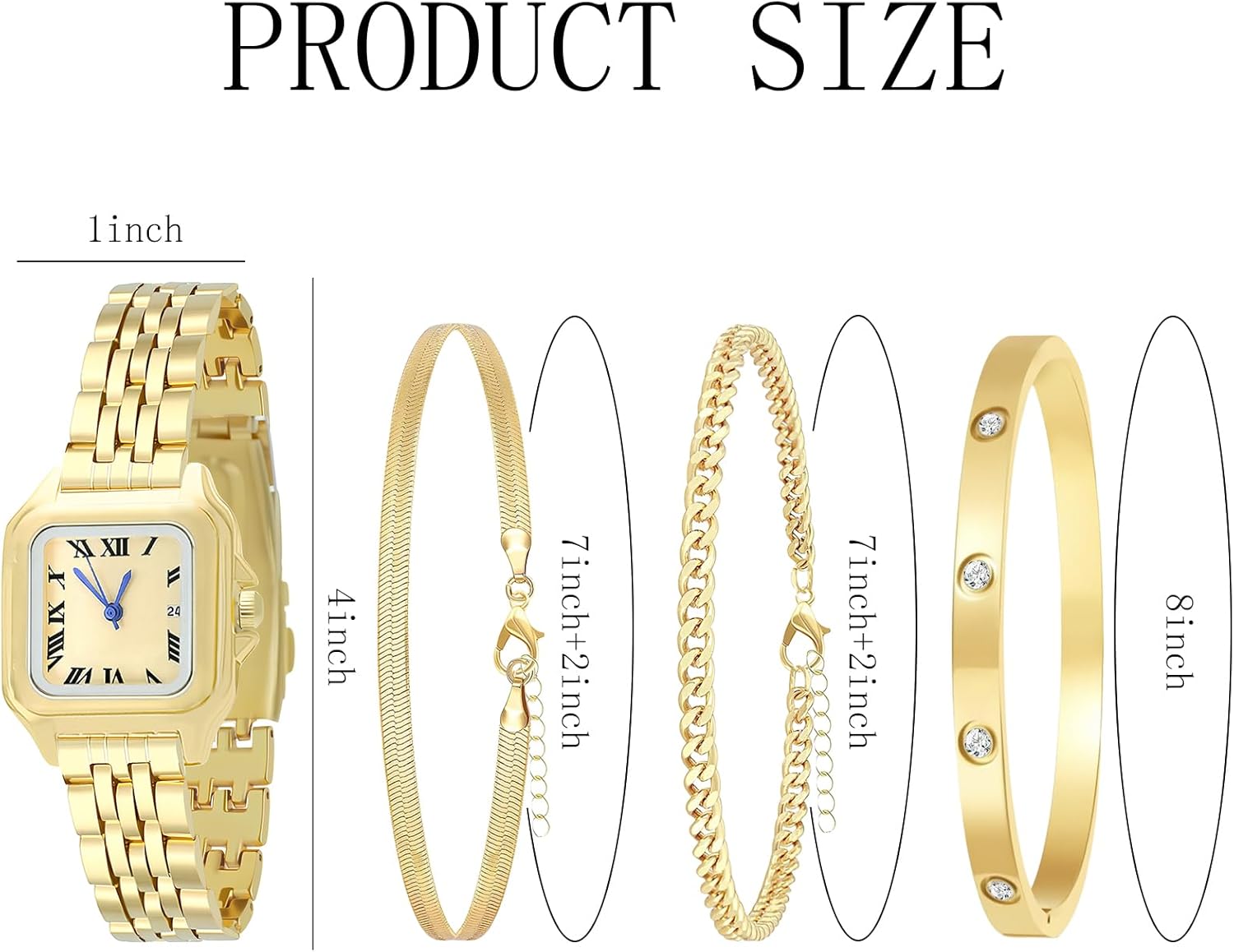 NEWITIN 4 Pieces Women Gold Watch Bracelets Set Fashion Costume Jewelry Gold Plated Square Wristwatch Diamond Bangle Bracelet Watch Jewelry Set for Women - Image 2