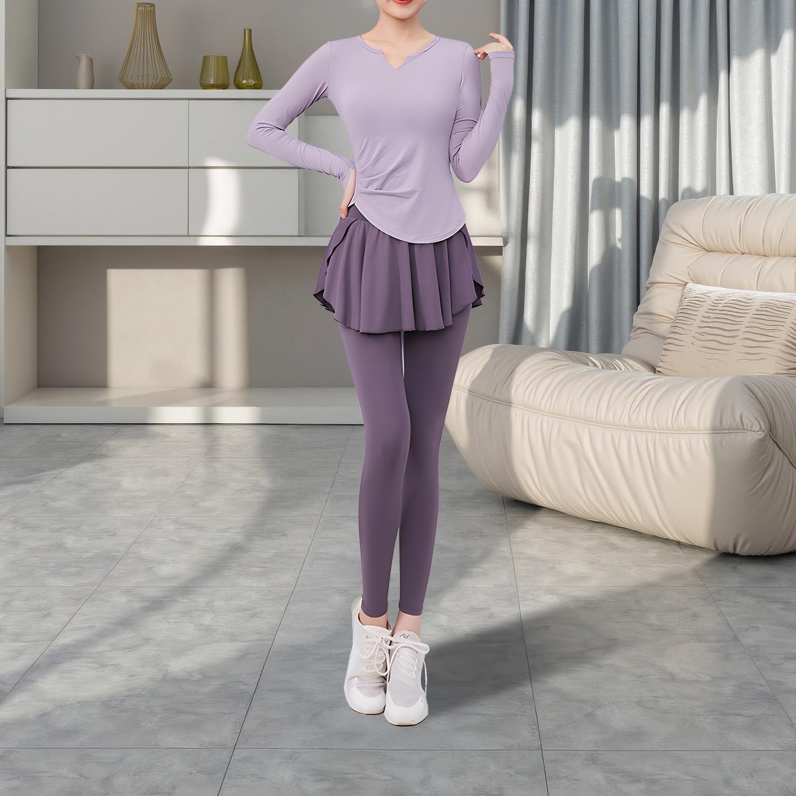 Conjunto de 5 piezas de yoga y entrenamiento para mujer, camiseta atlética de manga larga, pantalones deportivos de cintura alta con falda, tela transpirable que absorbe la humedad, ideal para fitness
