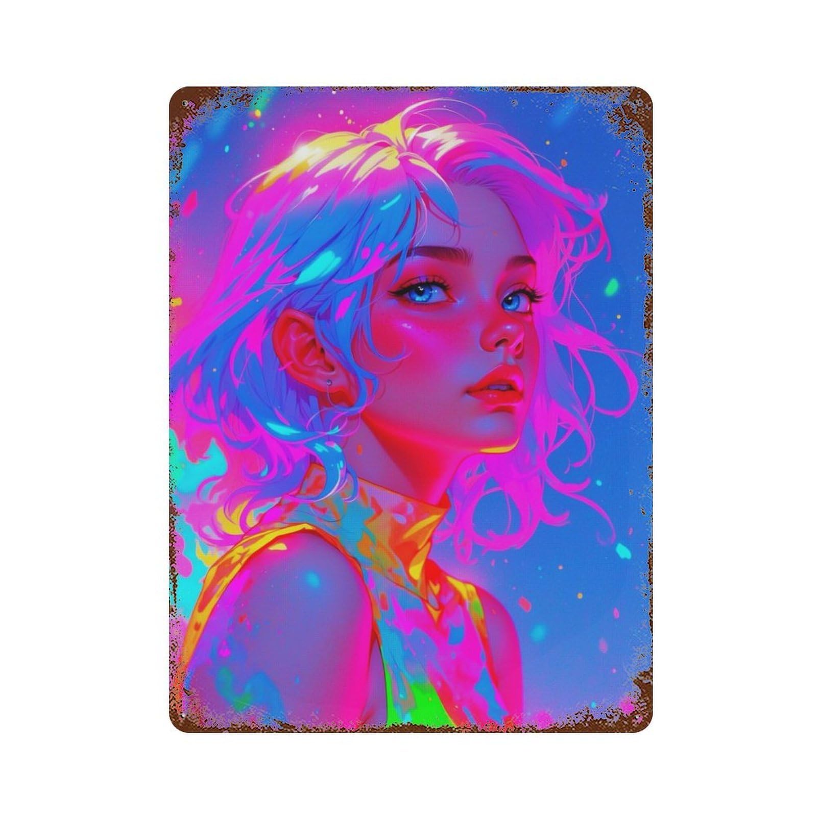 Rust Effect Rainbow Neon Woman Rusty Metal Tin Sign 15.7"x11.8", Old School Wall Decor for Farmhouse, Kitchen And Entryway Decor
