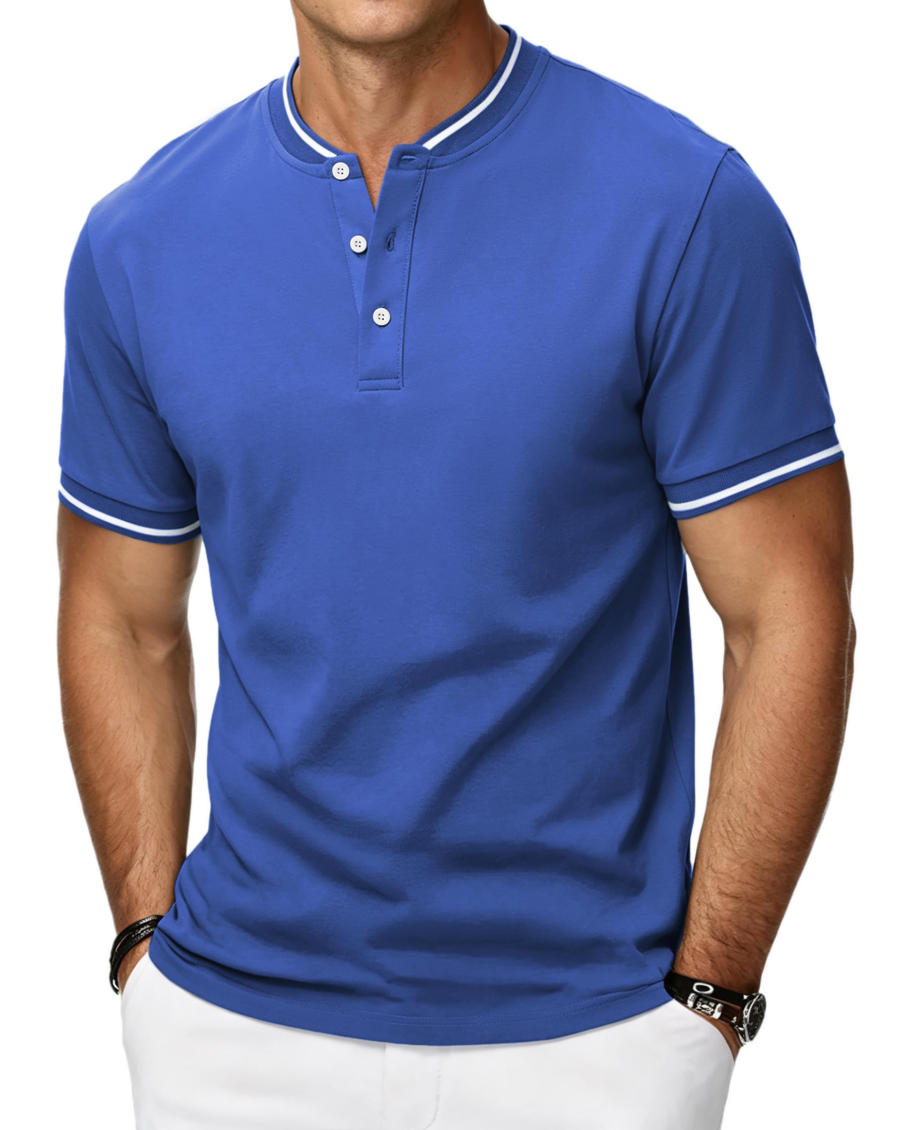 HMIYA Poloshirt Herren Kurzarm Atmungsaktiv Baumwolle Sommer Henley Knopfleiste Kontrastierender Einfassung Basic Golf T-Shirts