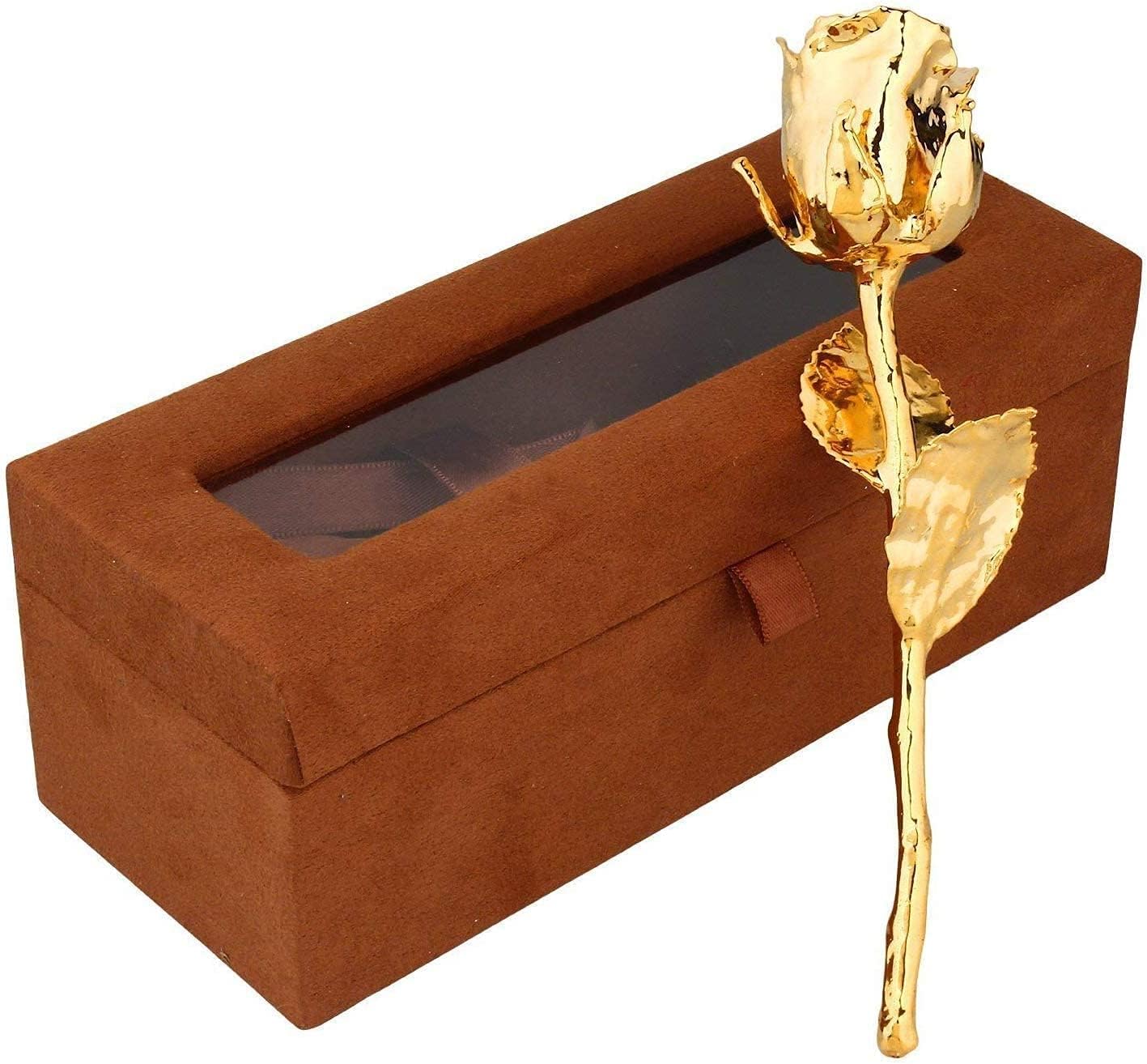 24K Golden Dipped Natural Rose with Brown Gift Box Men & Women - 6 Inches Approx