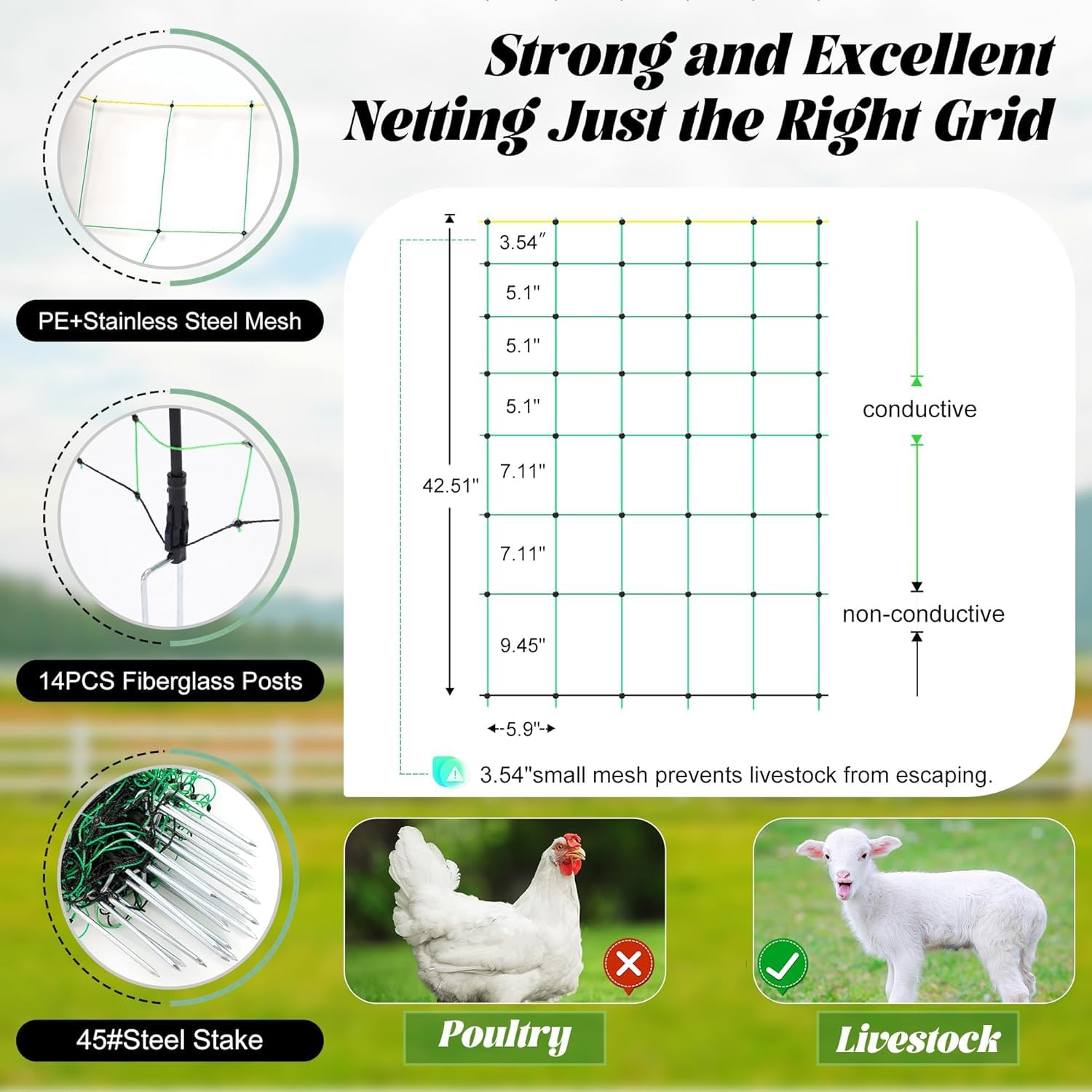 Decofy Electric Fence Netting, 42.5" x 164' Electric Netting Fence, PE Portable Electric Netting with 14 Posts Double Spiked for Sheep, Goats, Hog, Lambs in Yard, Farms and Ranches Animals Protection