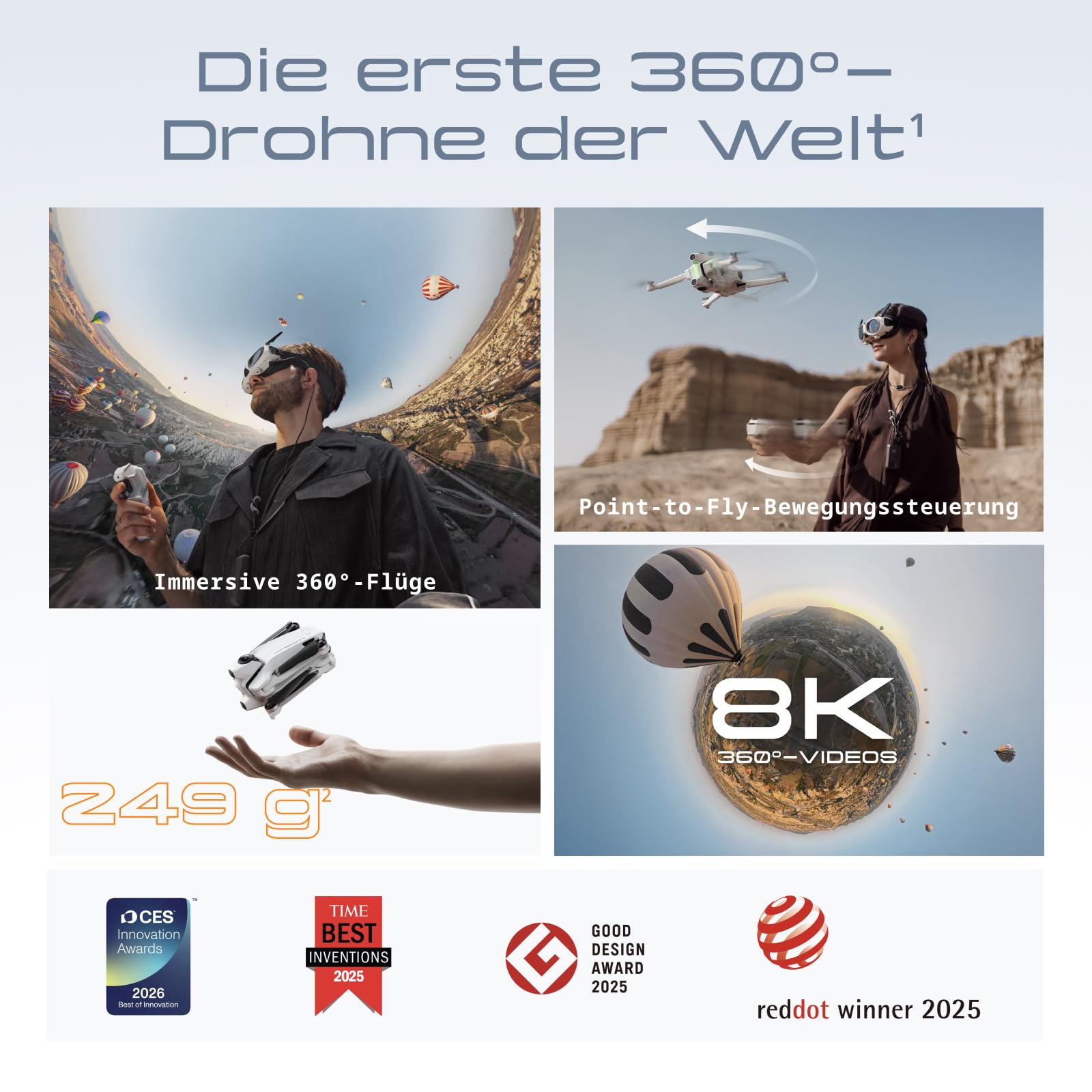 Antigravity A1 Explorer-Bundle (3 Akkus) – 8K 360°-Drohne für immersives Fliegen, Point-to-Fly-Steuerung, Hindernisvermeidung, 249 g & klappbar, Deep Track, Auto-Rückflug, 10 km Reichweite, Auto-Edit