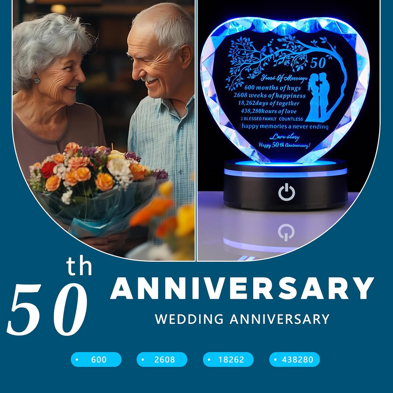 50th Wedding Anniversary Crystal Heart Gifts for Parents Couple, Laser Engraved Romantic 50 Year Anniversary Crystal Keepsake Gifts for Wife Husband, 50 Years of Marriage Gift for Her Him