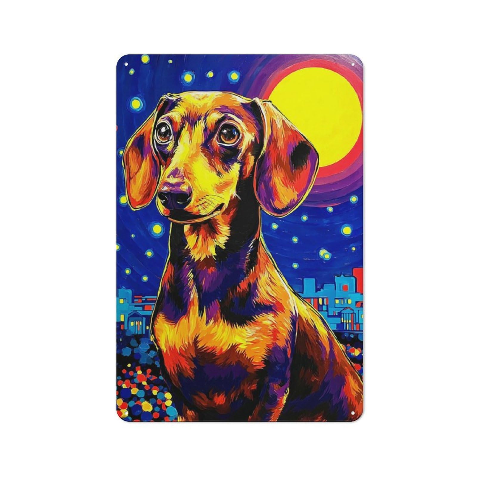 Junmoney Colorful Dachshund Night Sky Art Tin Wall Plaque 30X20cm With For Guest Room Or Hallway, For Hallway Wall Decor Fans