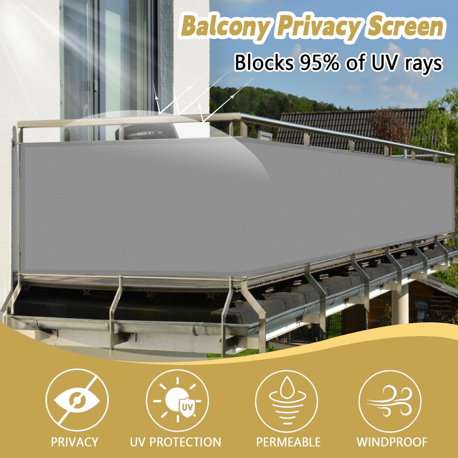 Osłona Prywatności 82 x 390 cm 90% Zacienienia Odporny Na Promieniowanie UV Osłona Prywatności Na Taras Lub Balkon Na Zewnątrz Ogród Patio Na Imprezę, Szary