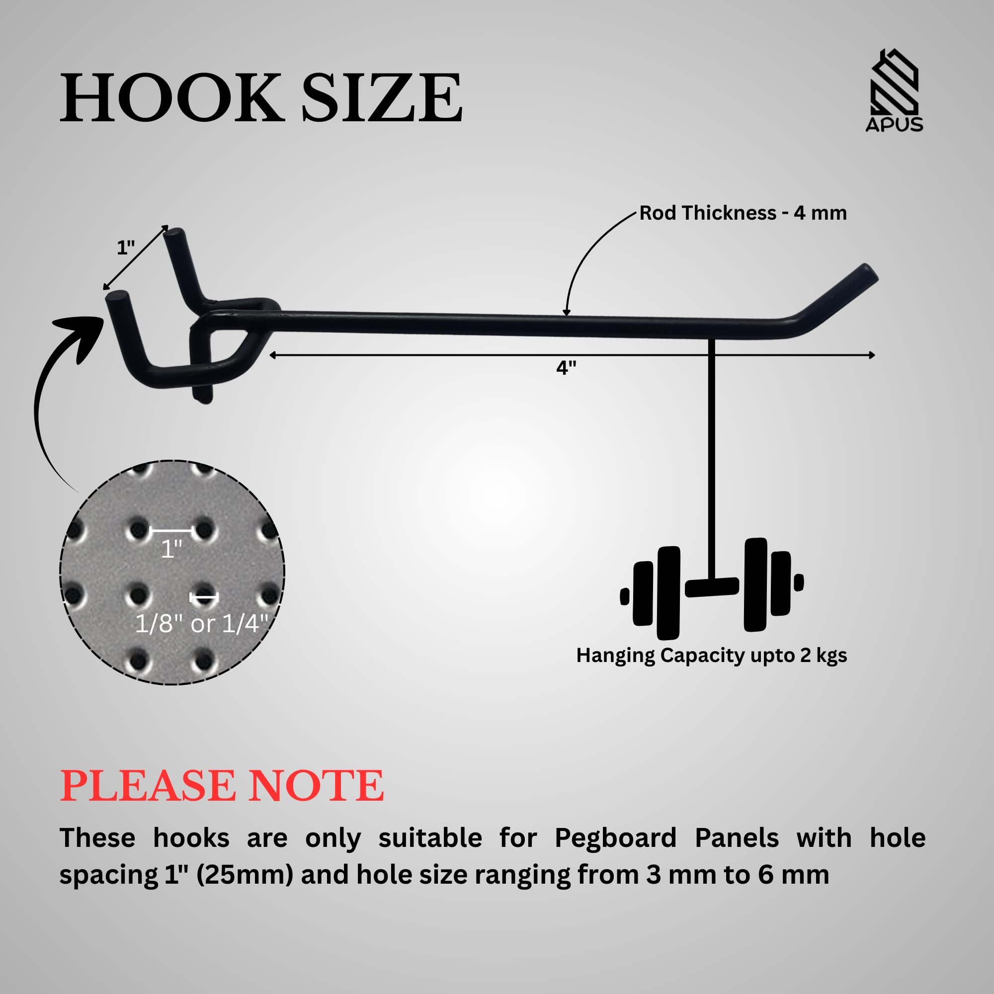 APUS 4" 15 Pcs Heavy Duty Pegboard Hooks for 1" Spaced Pegboard Kit, Garage and Utility Organizing and Storage Hanging (Black Powder Coated, 4 Inch) 1