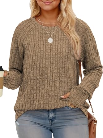 FERYSHE Plus Size Sweaters for Women Dressy Long Sleeve Loose Ribbed Knit Pullover Tunics Khaki XL-5Xl