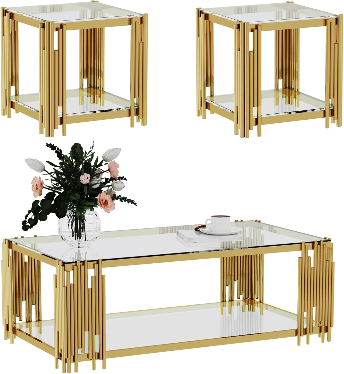 Gold Glass Coffee Table Set of 3, End Table Modern Luxury Living Room Table Rectangle Clear Tempered Glass Stainless Steel Leg, Square Side Table for Home Furniture Set
