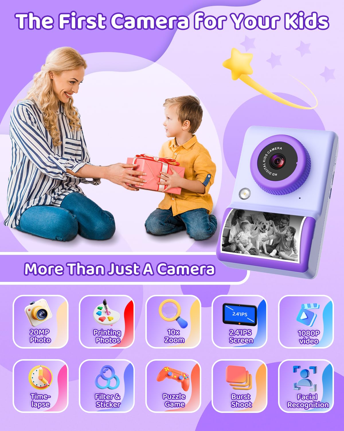 Macchina Fotografica Bambini Istantanea, 2,4 Pollici Fotocamera Istantanea Bambini 20MP 1080P Fotocamera Digitale con 32GB Scheda, Carta da Stampa, Flash LED, Regalo per Bambina e Bambino 3-12 Anni
