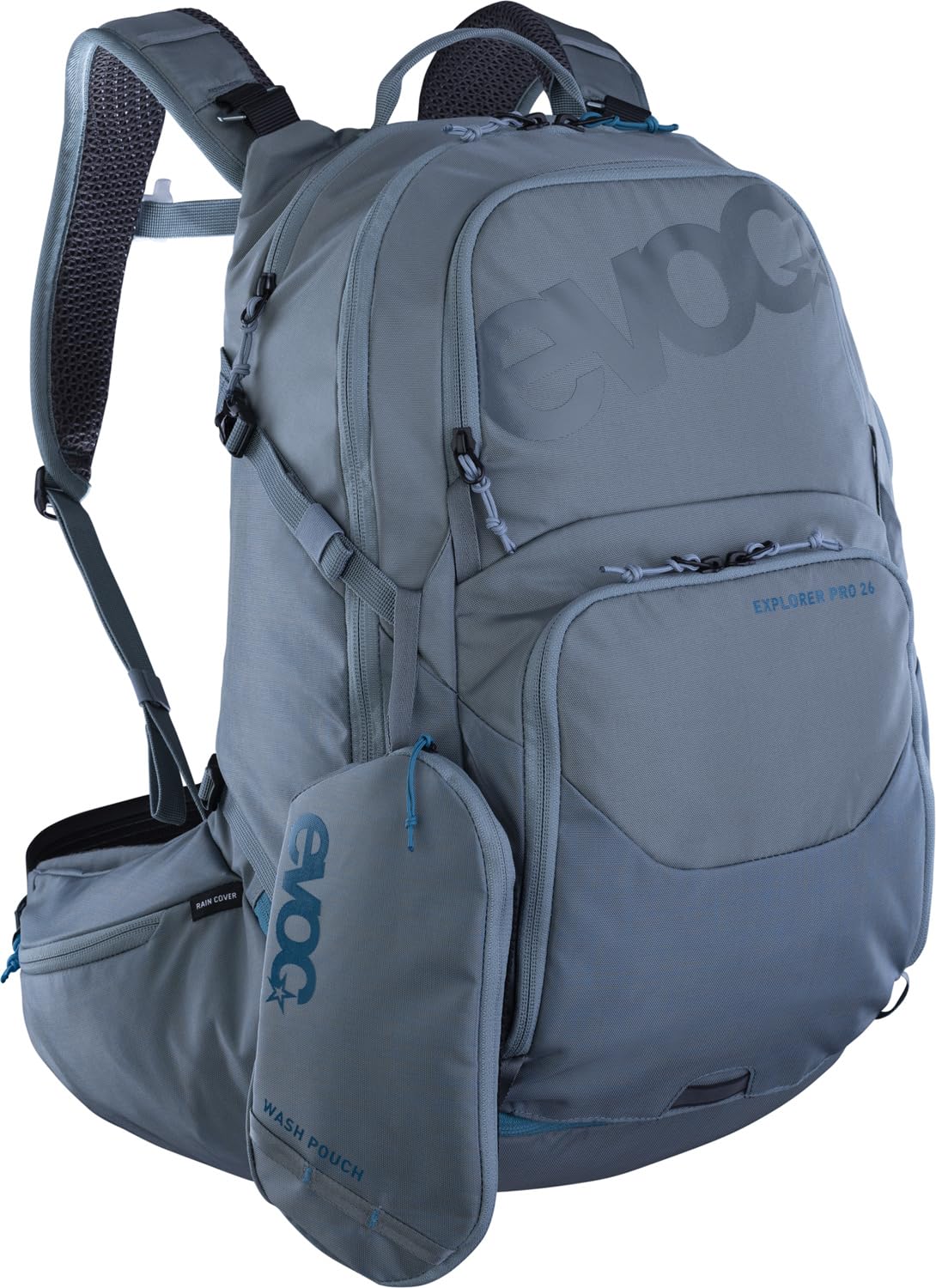 EVOC EXPLORER PRO 26, plecak (dla krótszych pleców, AIR FLOW CONTACT SYSTEM, pas biodrowy AIRO FLEX, w tym komora na bukłak do 3 l i pokrowiec przeciwdeszczowy, jeden rozmiar), stalowy