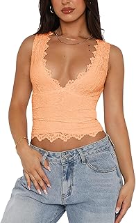 REORIA Womens Sexy V-Neck Sleeveless Double Lined Going Out Y2K Trendy Lace Cropped Tank Tops