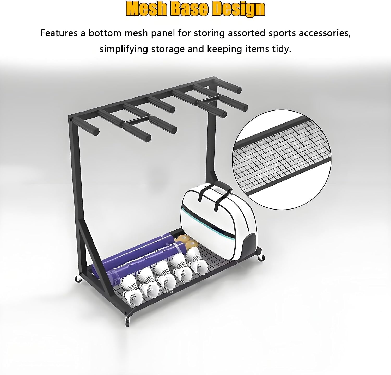 Ampio scaffale porta racchette per badminton e tennis, carrello espositivo con ruote e base in rete.