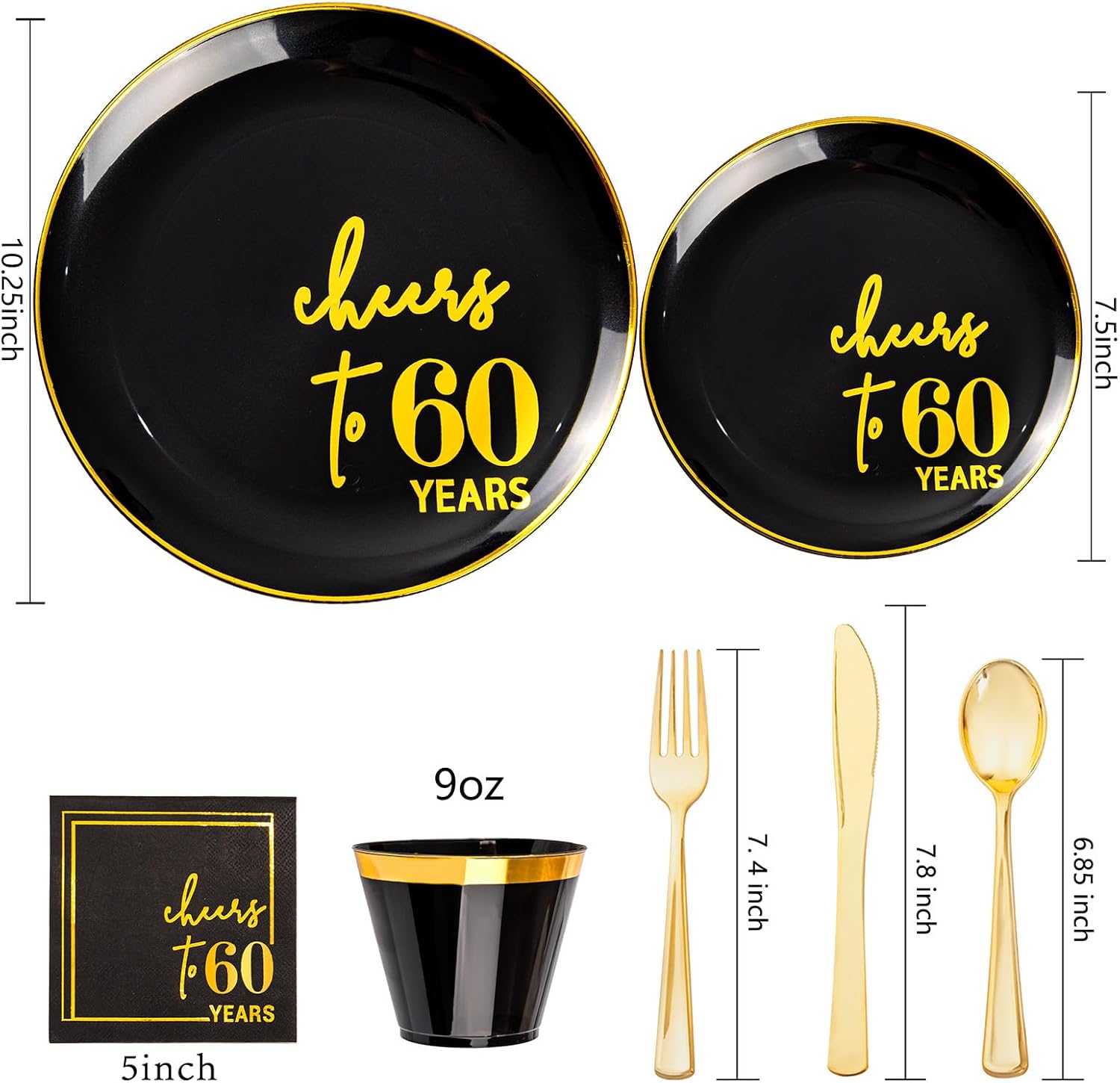 U-QE 20 Guests Black Plastic Birthday Plates - Include 60th Birthday Plates and Napkins, Gold Silverware, Gold Plastic Cups - Back in 1965 Party Plates for Men Women Cheers to 60 Years