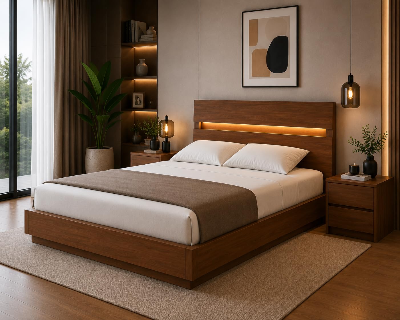 Aerogrid Queen Size Engineered Wood Platform Bed with Box Storage, LED Headboard, Walnut Finish, Free Assembly, 2 Year Warranty-image-14