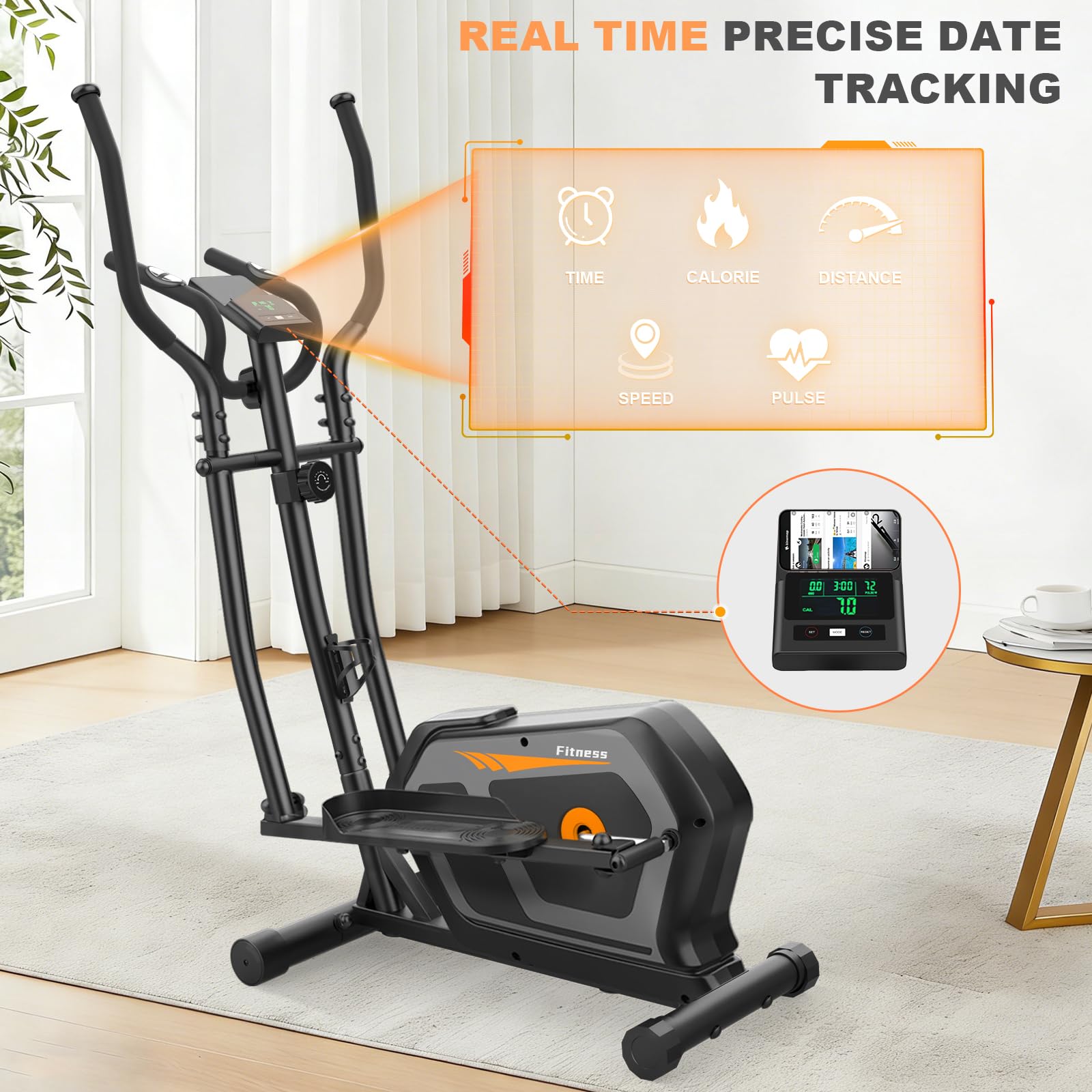 Bicicleta Elíptica para Casa Silenciosa con 16 Niveles de Resistencia, Sensor de Pulso, Monitor LCD y Soporte para Dispositivos, Bluetooth y App, Elíptica ultrasilenciosa para Uso doméstico