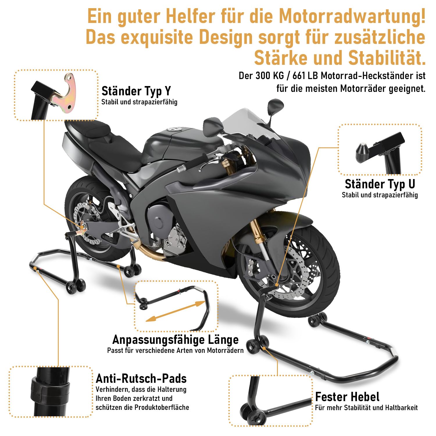 Stojak na motocykl, podnośnik do motocykla, tylny stojak z podwójnymi kółkami, regulacja szerokości, prace montażowe do motocykli do 300 kg, stabilność (czarny)