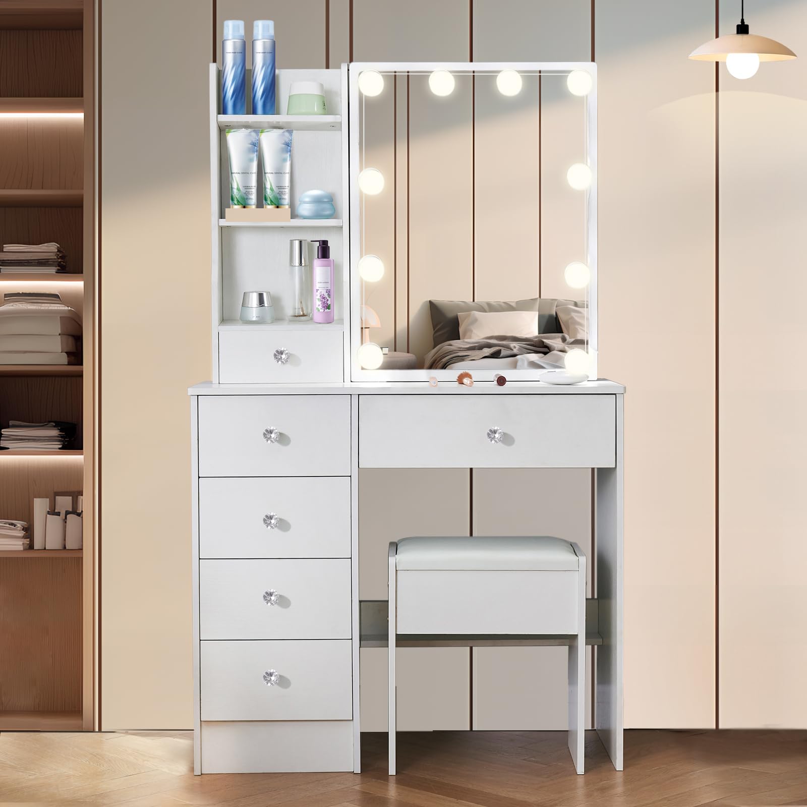 Toeletta Bianca con Luci e Sgabello, Tavolo Cosmetico con Specchio, Luci LED Regolabili, 6 Cassetti e 6 Ripiani - Mobile da Trucco per Camera da Letto, 80 x 36 x 130 cm