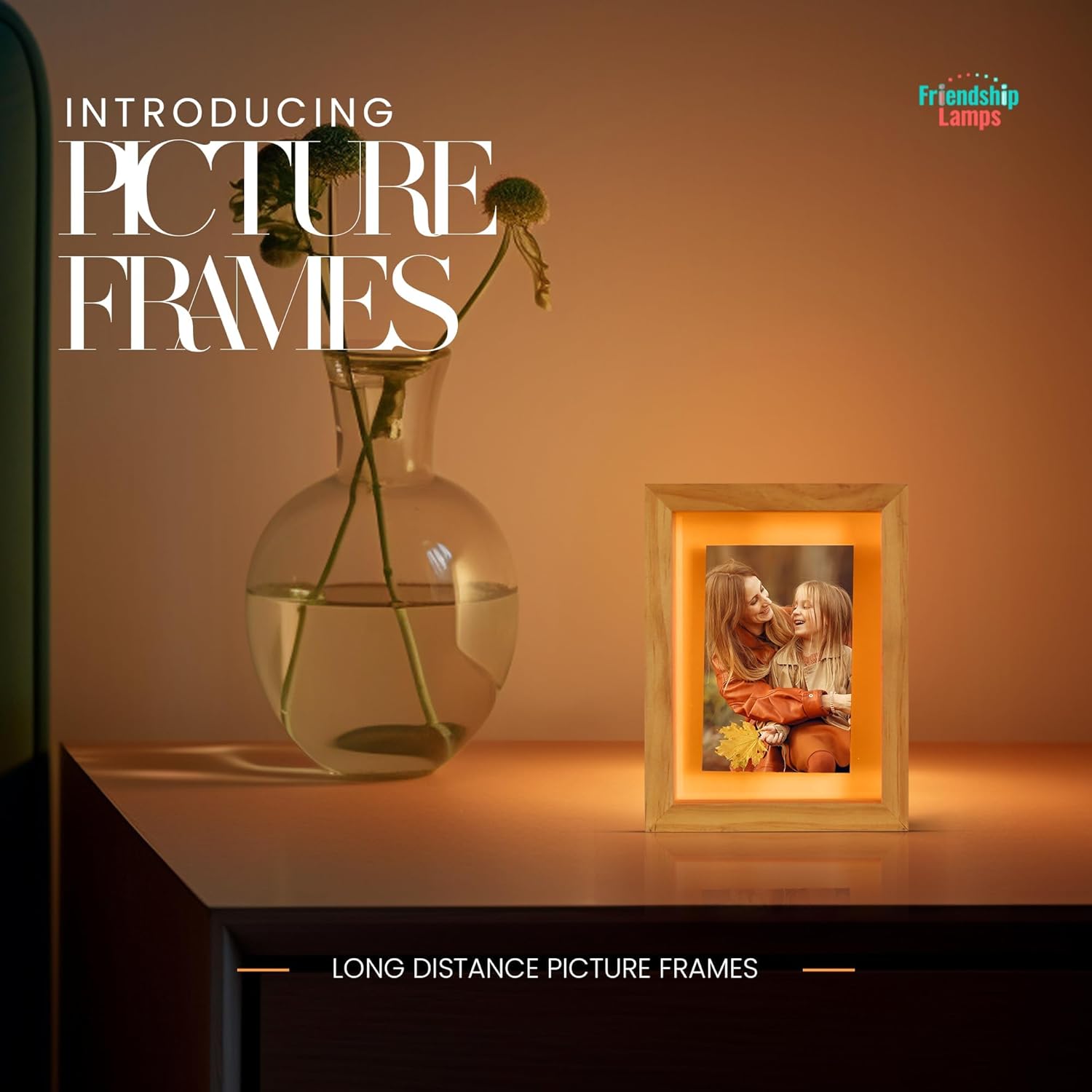 Friendship Lamp® Knotty Pine Wood Picture Frame Handmade in USA - Wi-Fi Touch Lamp LED Light for Long-Distance, Connection, Relationship, Friendship, Gift, Over 200 Colors, App Setup - Single