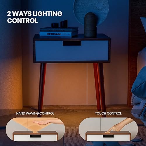 Miniatura 7 de Mesita auxiliar de noche Frylr. Mesas de luz para dormitorio o sala de estar mesas de sofá, nogal claro y blanco, Con sensor infrarrojo izquierdo