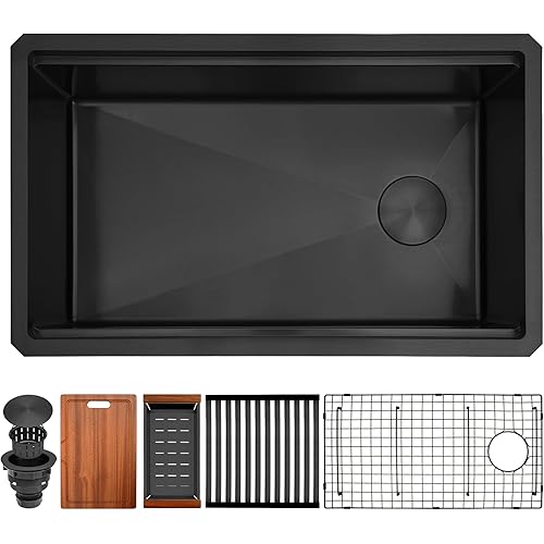 Black Undermount Kitchen Sink,16 Gauge Stainless Steel Sinks,Single Bowl Workstation Sink,Modern Kitchen Sink Offset Drain (30" X 18")
