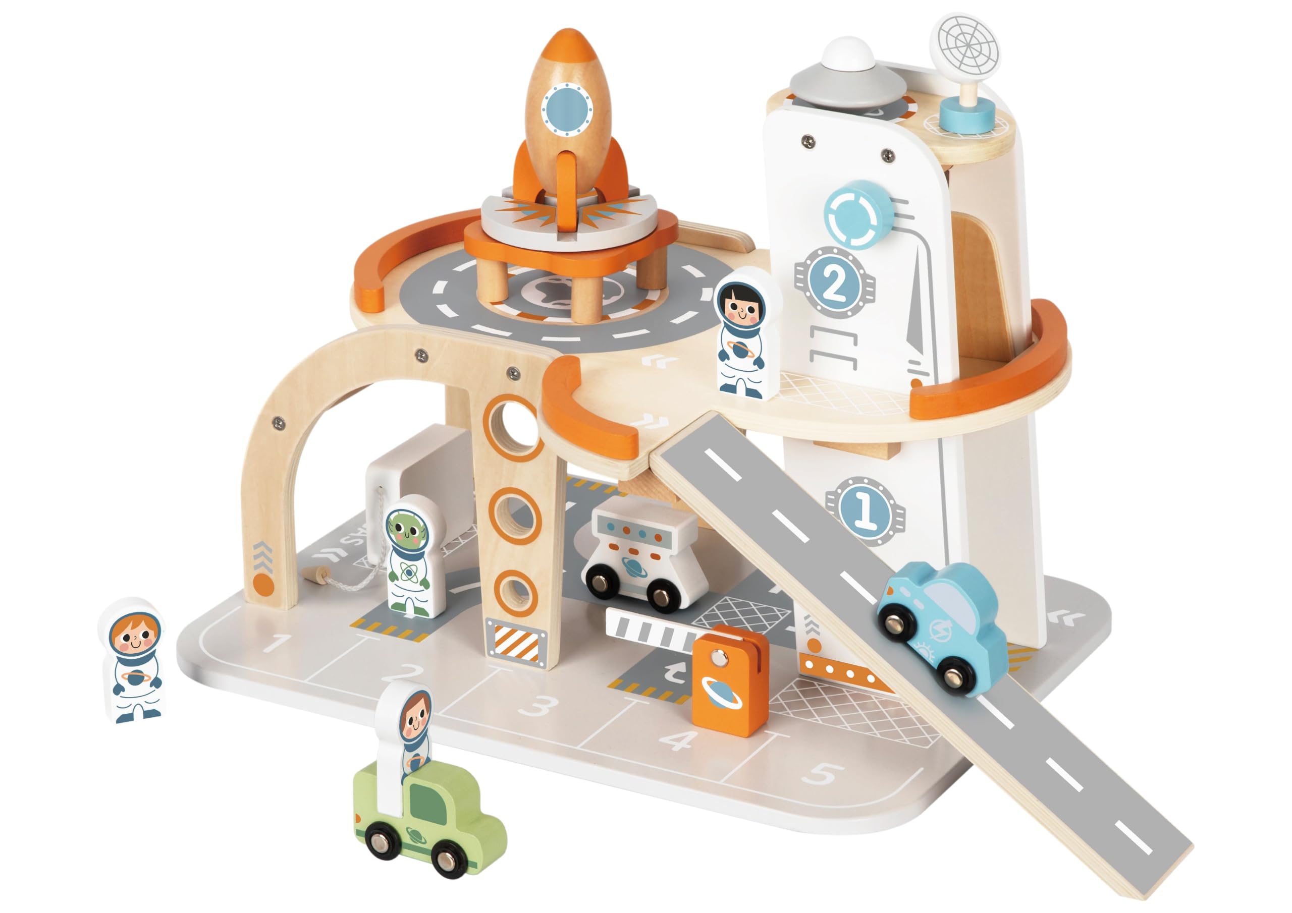 Tooky Toy FSC drewniana stacja kosmiczna - zabawka garażowa z rakietą, astronautami i pojazdami, edukacyjna zabawka Montessori, rozwija zdolności motoryczne, społeczne i emocjonalne, prezent od 3 lat