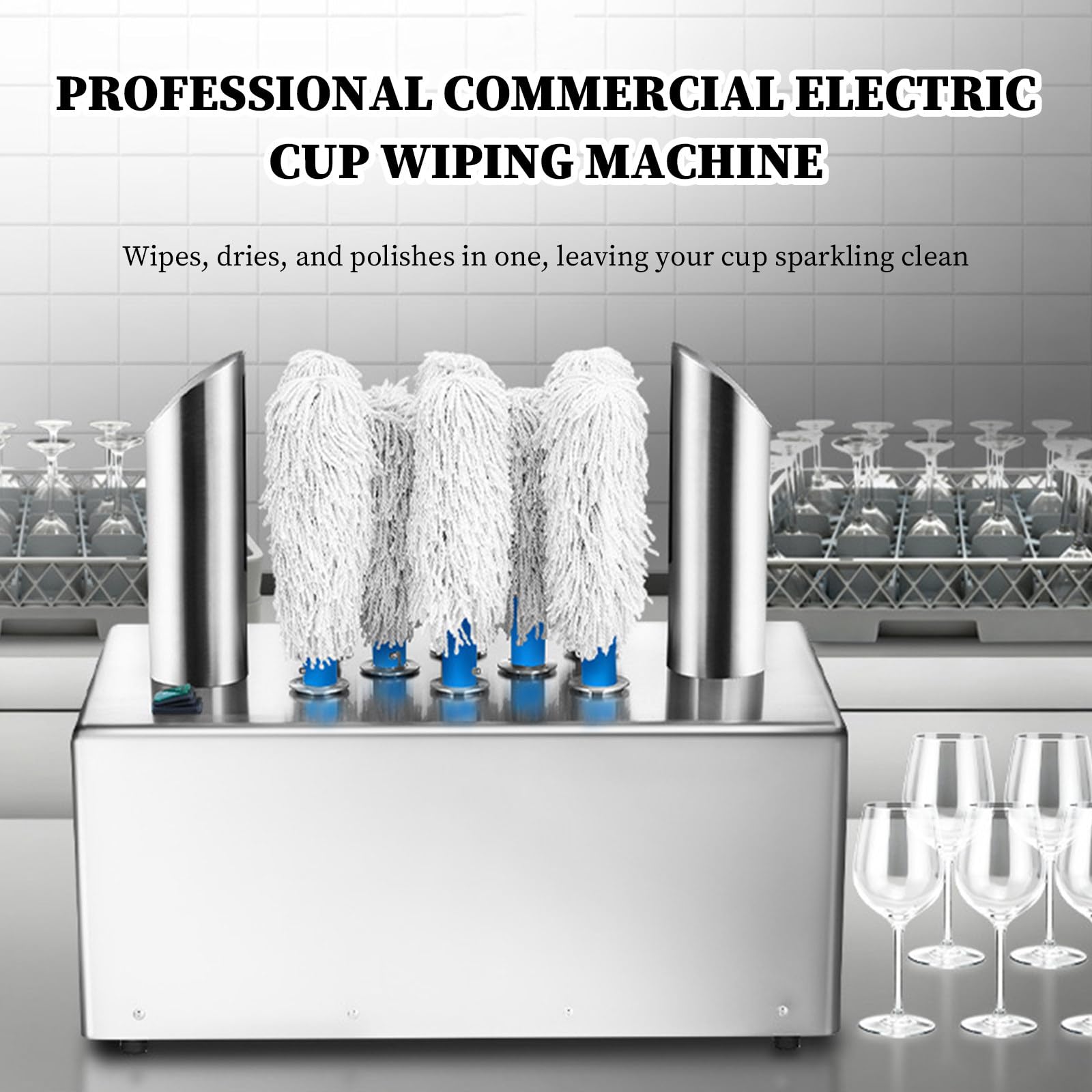 Pulidor eléctrico de copas de vino, pulidor comercial de vidrio con secado al aire caliente y cepillos extraíbles, para copas de champán, bar, restaurante
