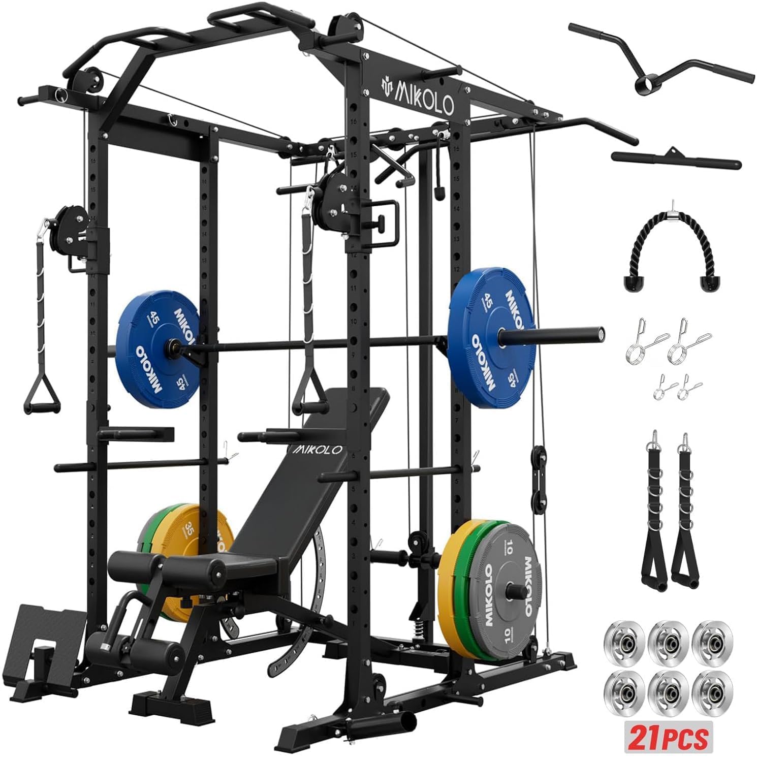Mikolo K6 Ultra Power Cage with 230LBS Weight Plates, Power Rack with Aluminum Pulley System, 1500LBS Squat Rack with LAT Pull Down System, Functional Trainer for Home Gym