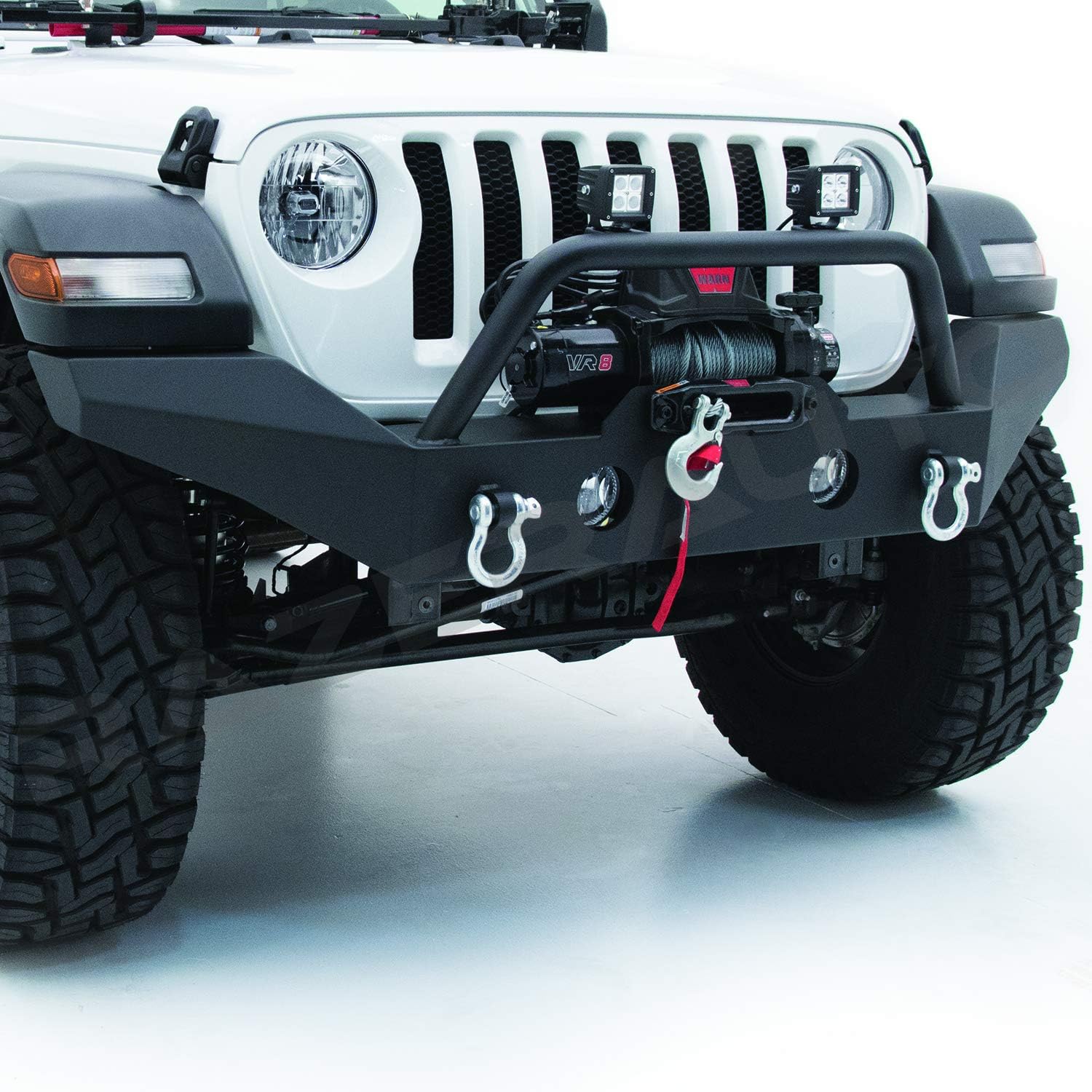 Black Textured Rock Crawler Full Width Front Bumper w/Winch Plate & 2x D-Ring & Fog Light Hole for 18-19 Jeep Wrangler JL