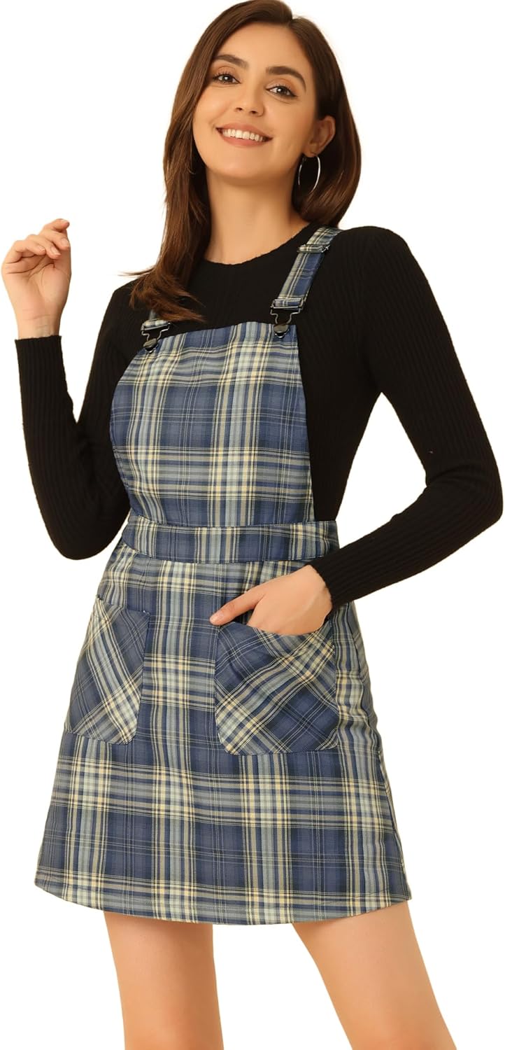 Allegra K Women's Plaid Overall Dress Vintage Checkered Suspender Skirt Short Pinafore Dress