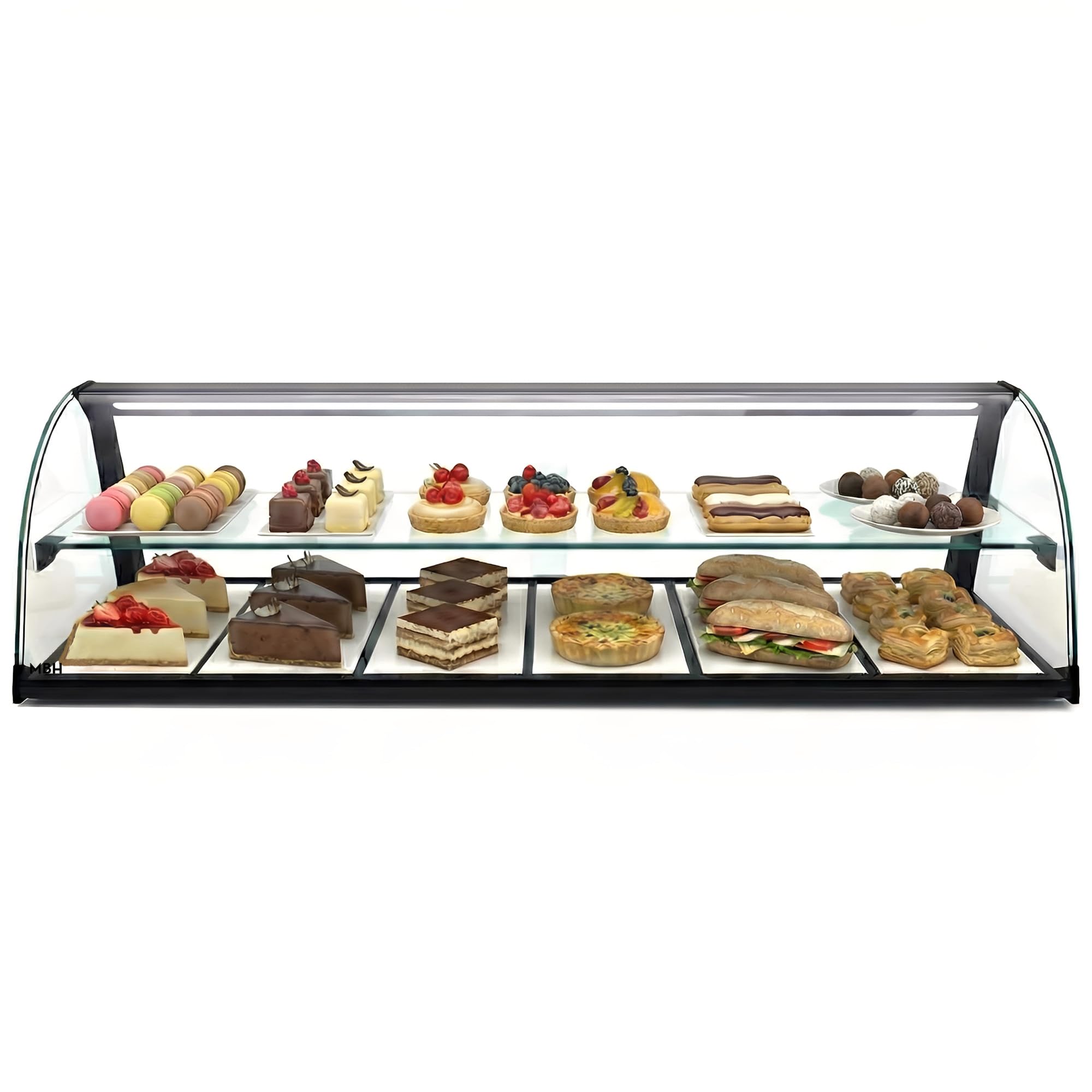MBH - Neutrale Aufsatzvitrine 84 cm, gebogenes ESG-Sicherheitsglas, 2 Etagen, mit LED-Beleuchtung, mit rückseitigen Schiebetüren, für Bar, Café, Restaurant, Gebäck und Konditorei.