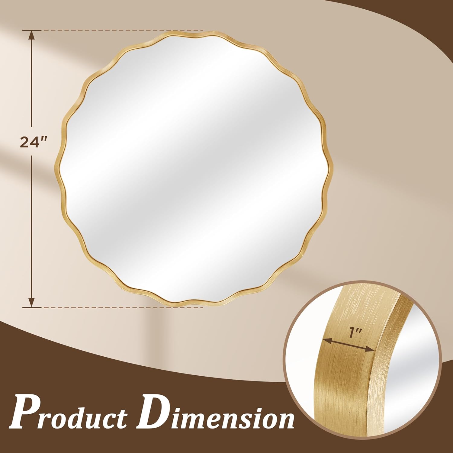 Gold Round Mirror for Wall, 24"x24" Decorative Wavy Bathroom Mirror with Brushed Alloy Steel Frame & Shatter-Proof Glass, Hanging Circle Wall Mirrors for Bathroom, Entryway (Gold, Small)