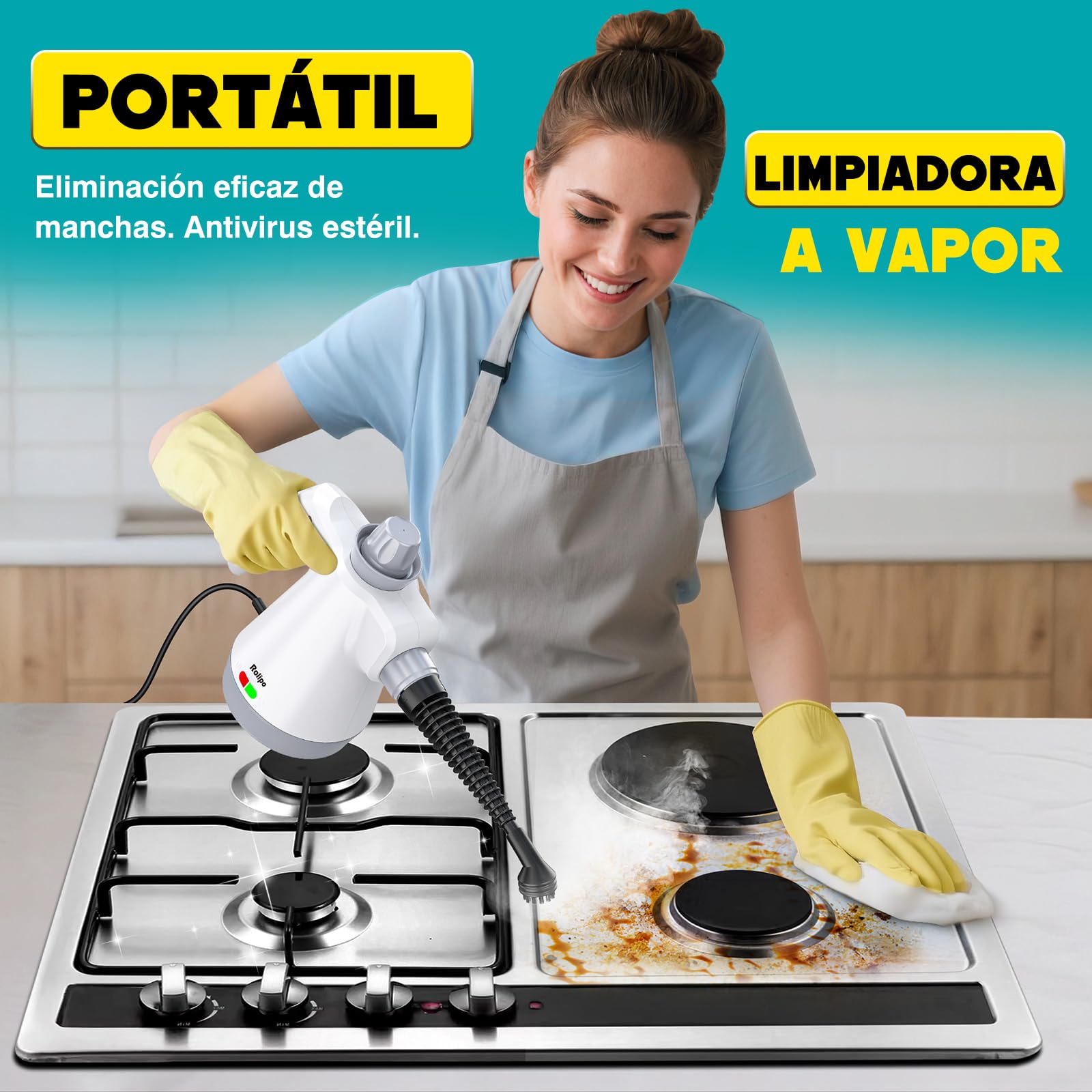Rolipo Limpiador a vapor portátil a presión con 12 accesorios y cierre de seguridad, pistola de vapor doméstica multifuncional para limpiar cocina, baño, juntas, ventanas y grasa