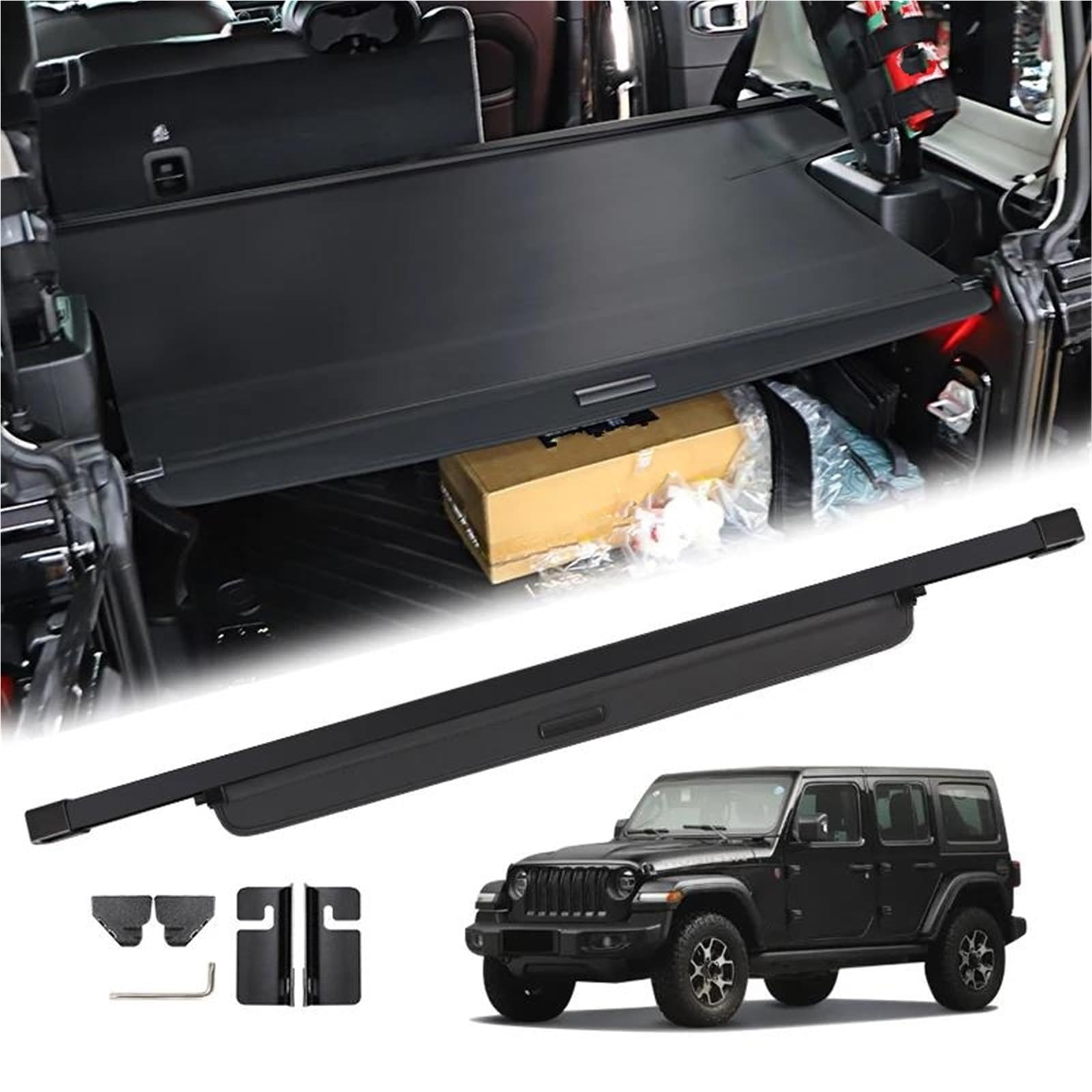 Générique Cache-Chargement pour Jeep pour Wrangler JL 4 2018-2023 Couverture De Coffre Rétractable Porte-Colis Bouclier Étanche Confidentialité(Cuir)