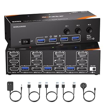 8K@60Hz 4K@144Hz KVM Switch 3 Monitors 3 Computers, Triple Monitors KVM Switch HDMI Displayport with 4 USB 3.0 Devices, Includes Power Supply, Wired Remote Control and USB Cables