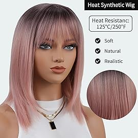 RENERSHOW Ombre Pink Layered Mid-length Bob Wig with Bangs Straight Synthetic Wigs for White Women
