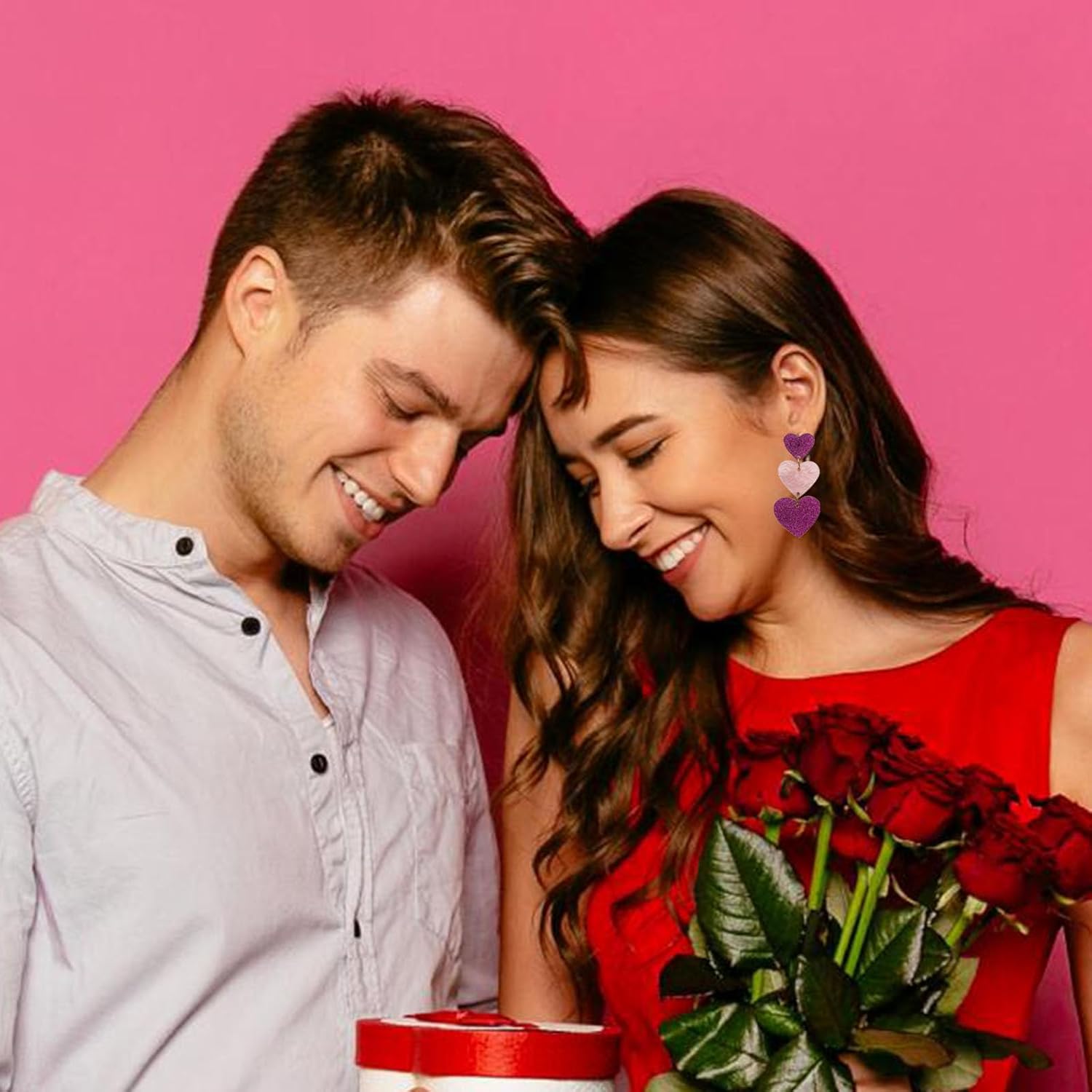 Red Heart Earrings Glitter Cute Big Red Heart Statement Drop Dangle Earrings for Women (F-Hot Pink) - Image 2