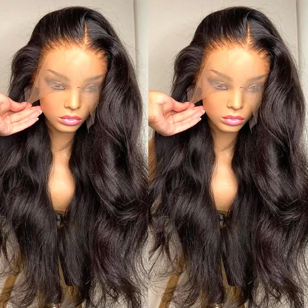 Body Wave Lace Front Wigs Human Hair - 13x4 HD Transparent Lace Frontal Wigs Human Hair 180% Density Brazilian Virgin Glueless Wigs Human Hair Pre Plucked with Baby Hair Natural Color 24 Inch
