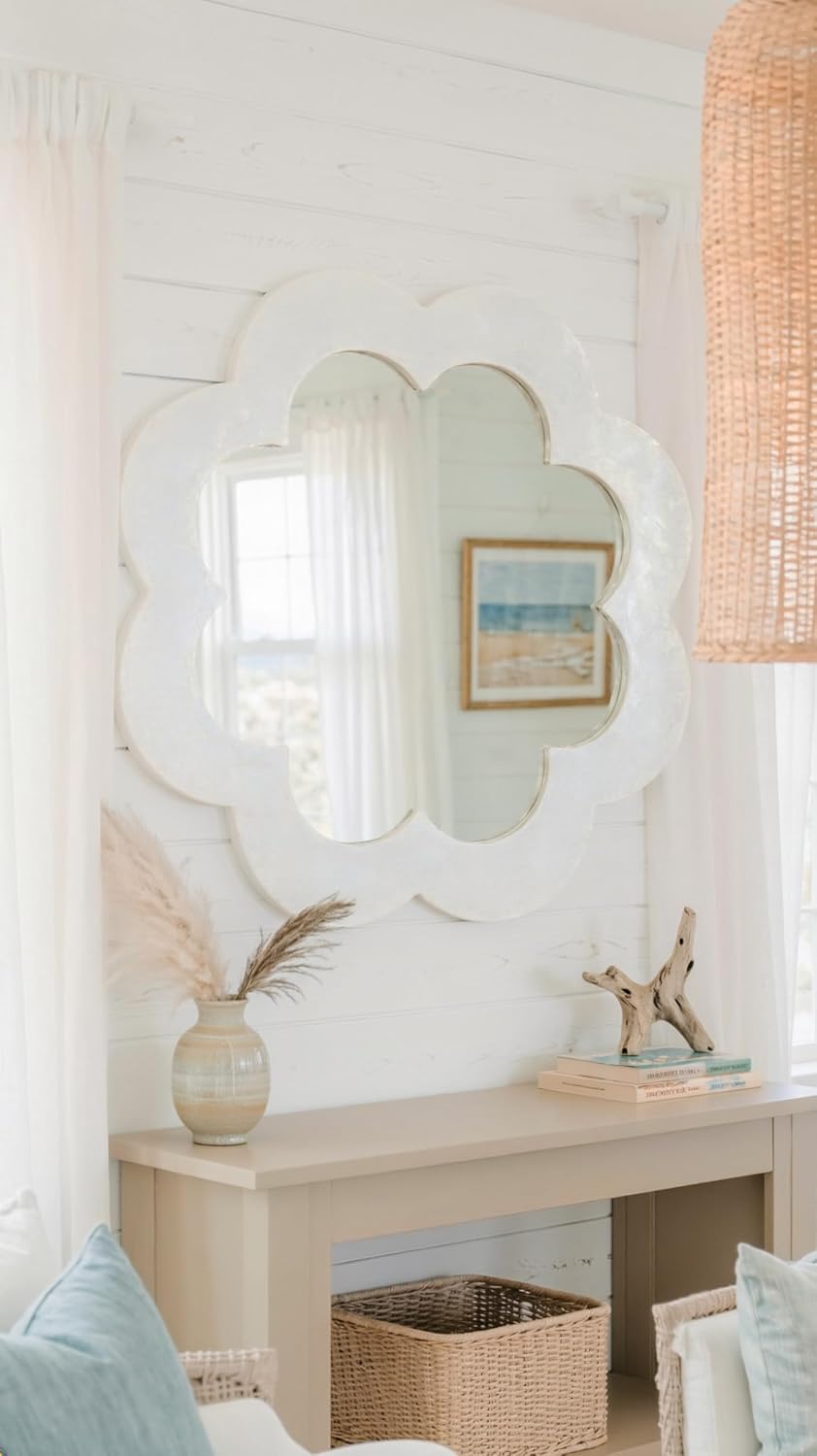 Kouboo 1040138 Flower Capiz Seashell Wall Mirror, Natural White