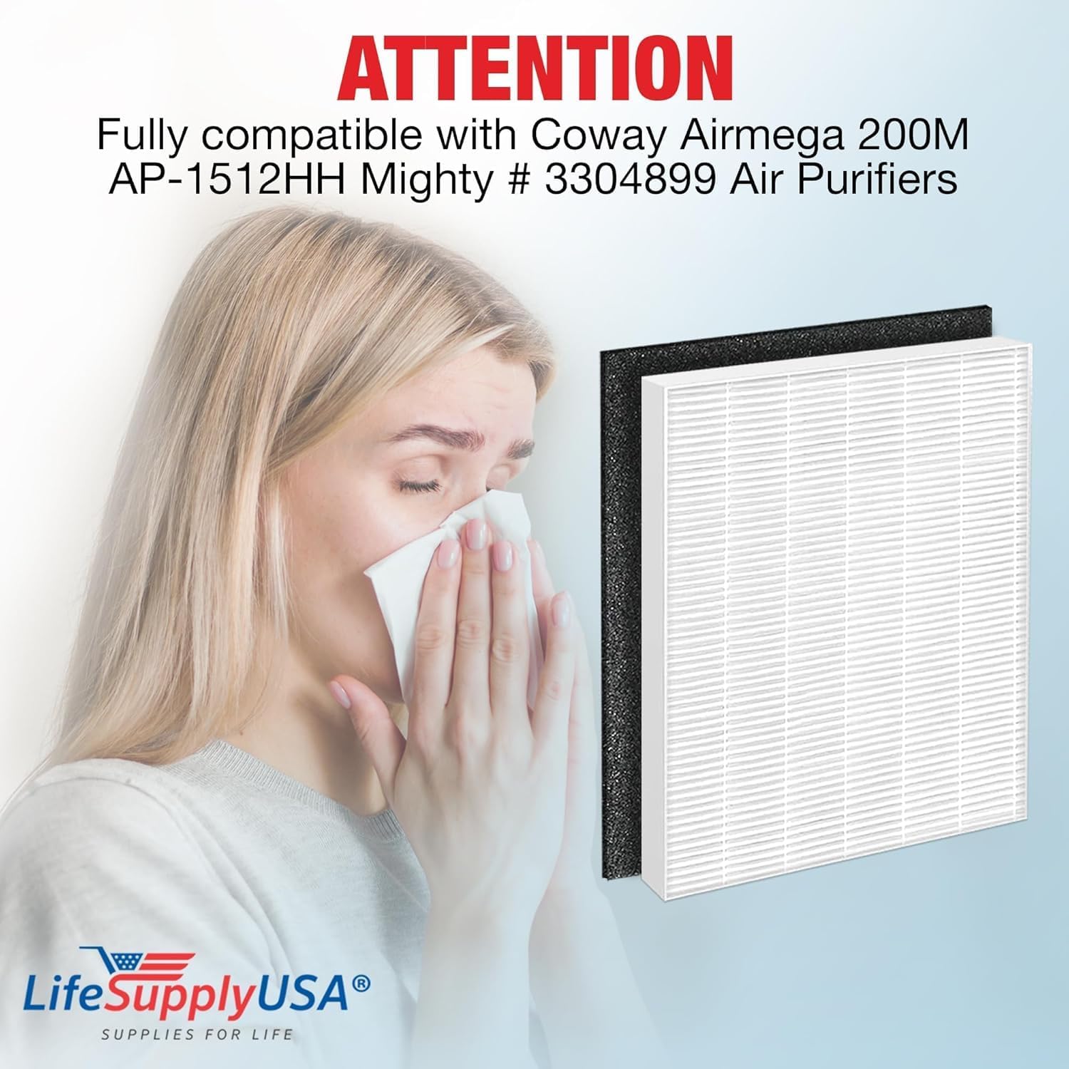 3304899 Filter Set Replacement Compatible with Coway Airmega AP-1512HH, 200M, AP-1512HHS, AP-1518R, AP-1519P -True HEPA + Activated Carbon Filters by LifeSupplyUSA (2-Pack)