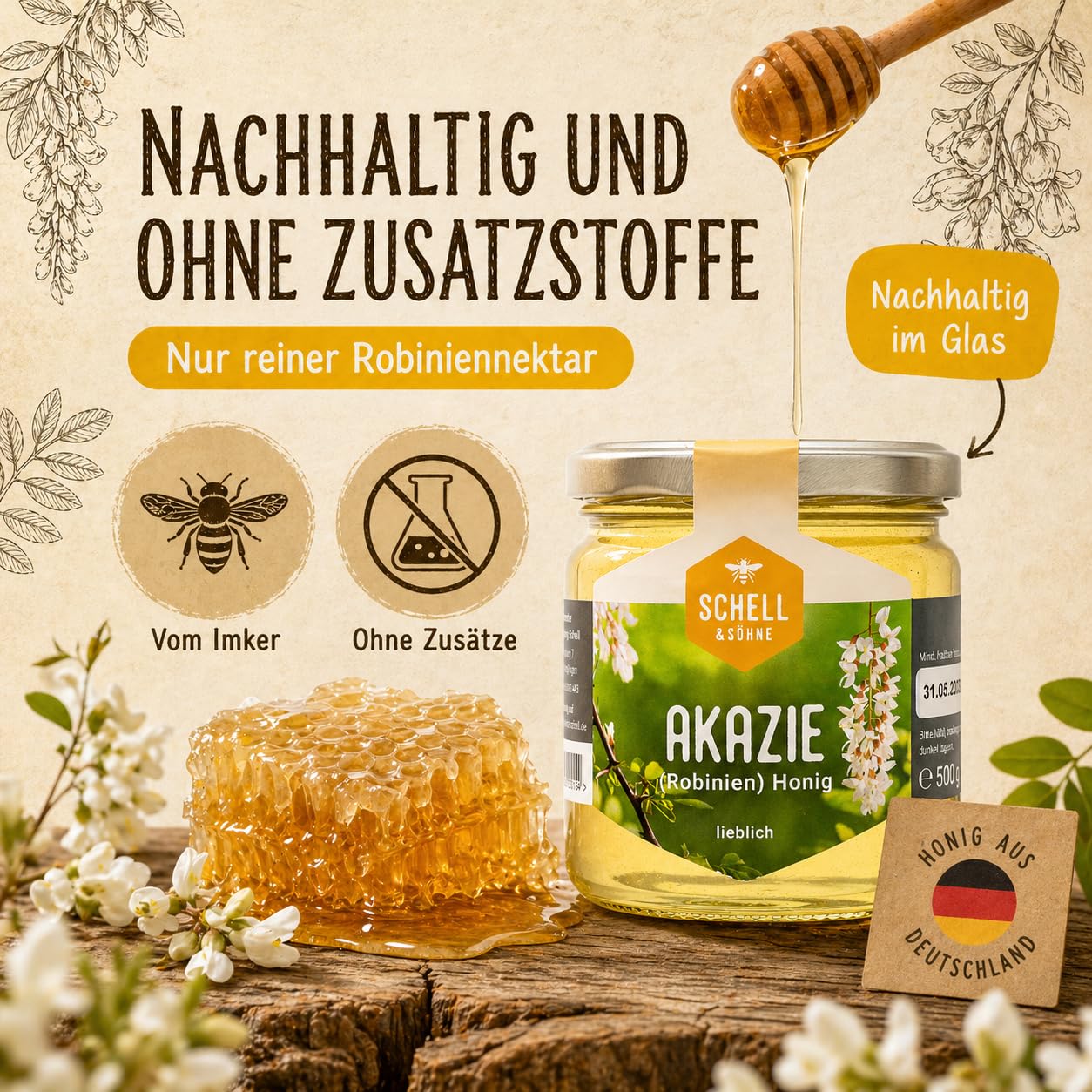 Deutscher Akazienhonig 6 x 500g - Vorteilspack - Robinienhonig - Imkerei Schell Honig aus eigener Produktion - 100% Deutscher Honig