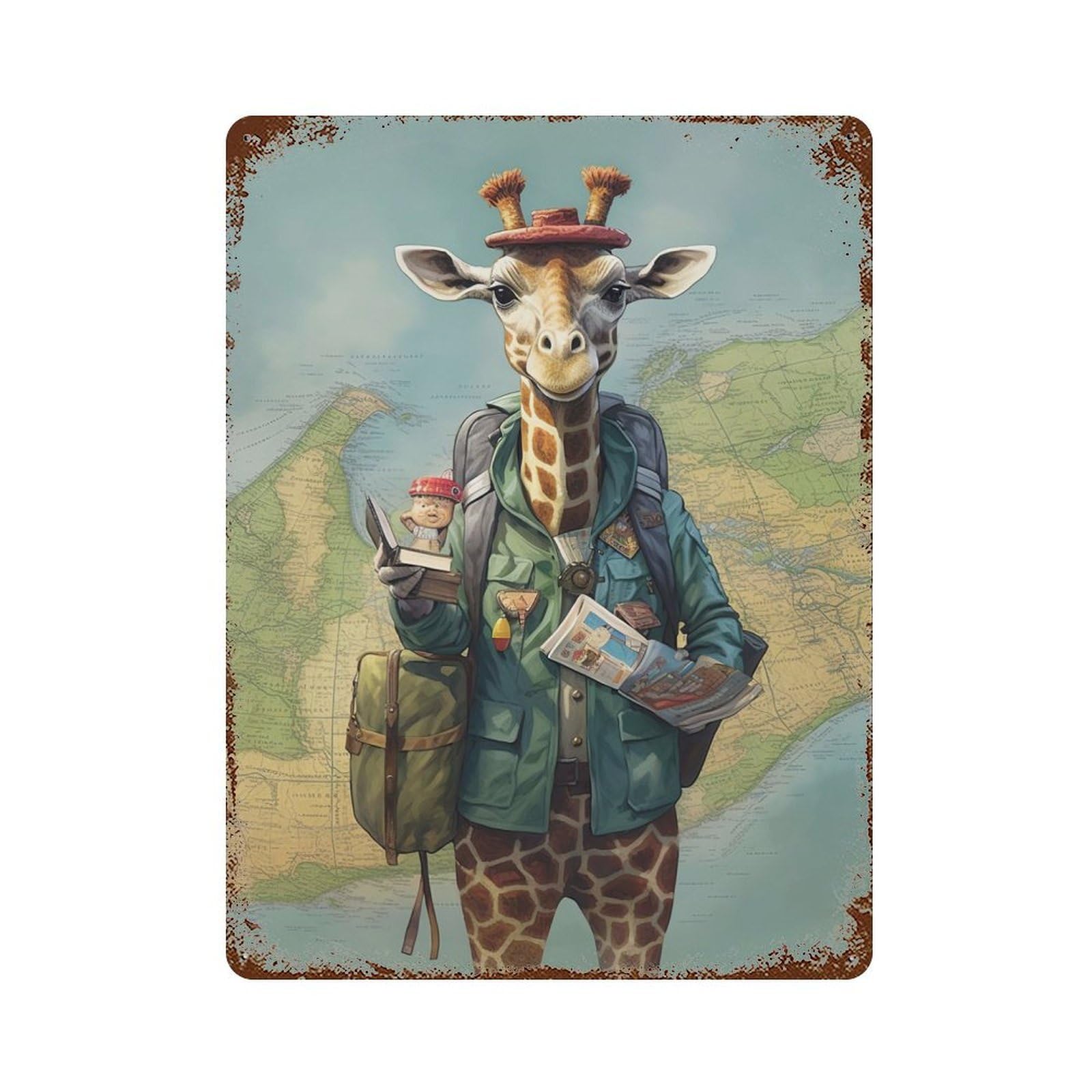 Retro Metal Sign with Travel Guide Giraffe Design 15.7"x11.8", for Living Room, Hallway And Home Decor, Farmhouse Wall Decor