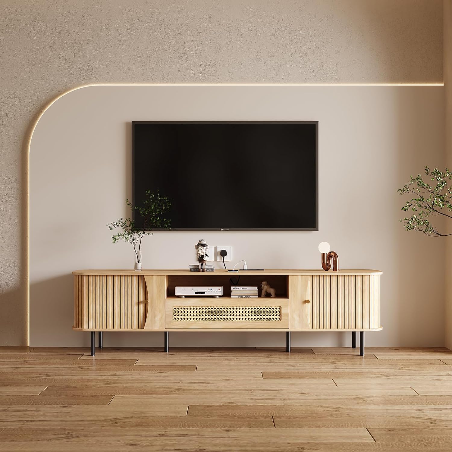 basenji Fully Assembled 71" Mid Century Modern TV Stand with Power Outlet and Sliding Doors, Rattan Entertainment Center with Storage, Wood Media Console,TV Consoles for Living Room, Wood