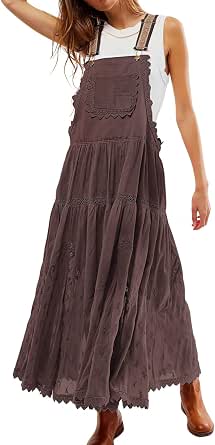 Women's Casual Lace Embroidered Maxi Dress with Pockets