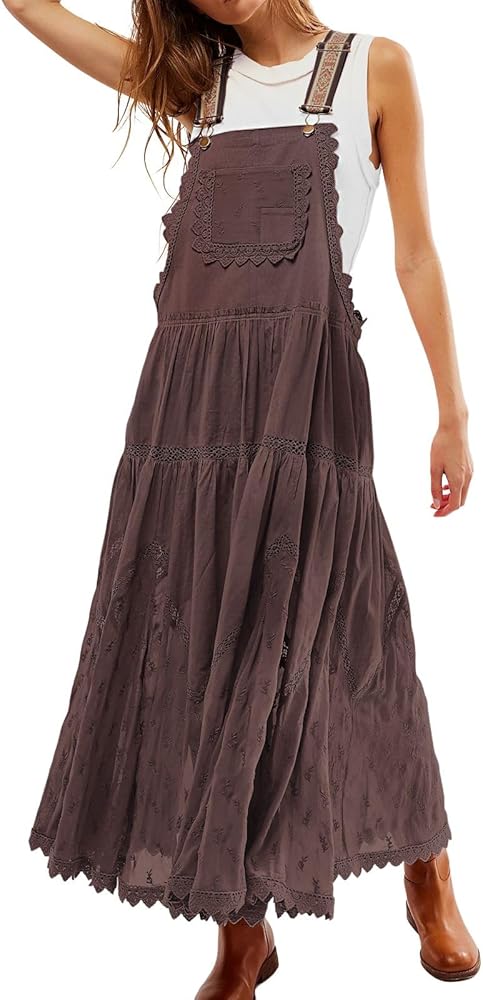 Women's Casual Lace Embroidered Maxi Dress Adjustable Strap Pleated Tiered Swing Long Dress with Pockets
