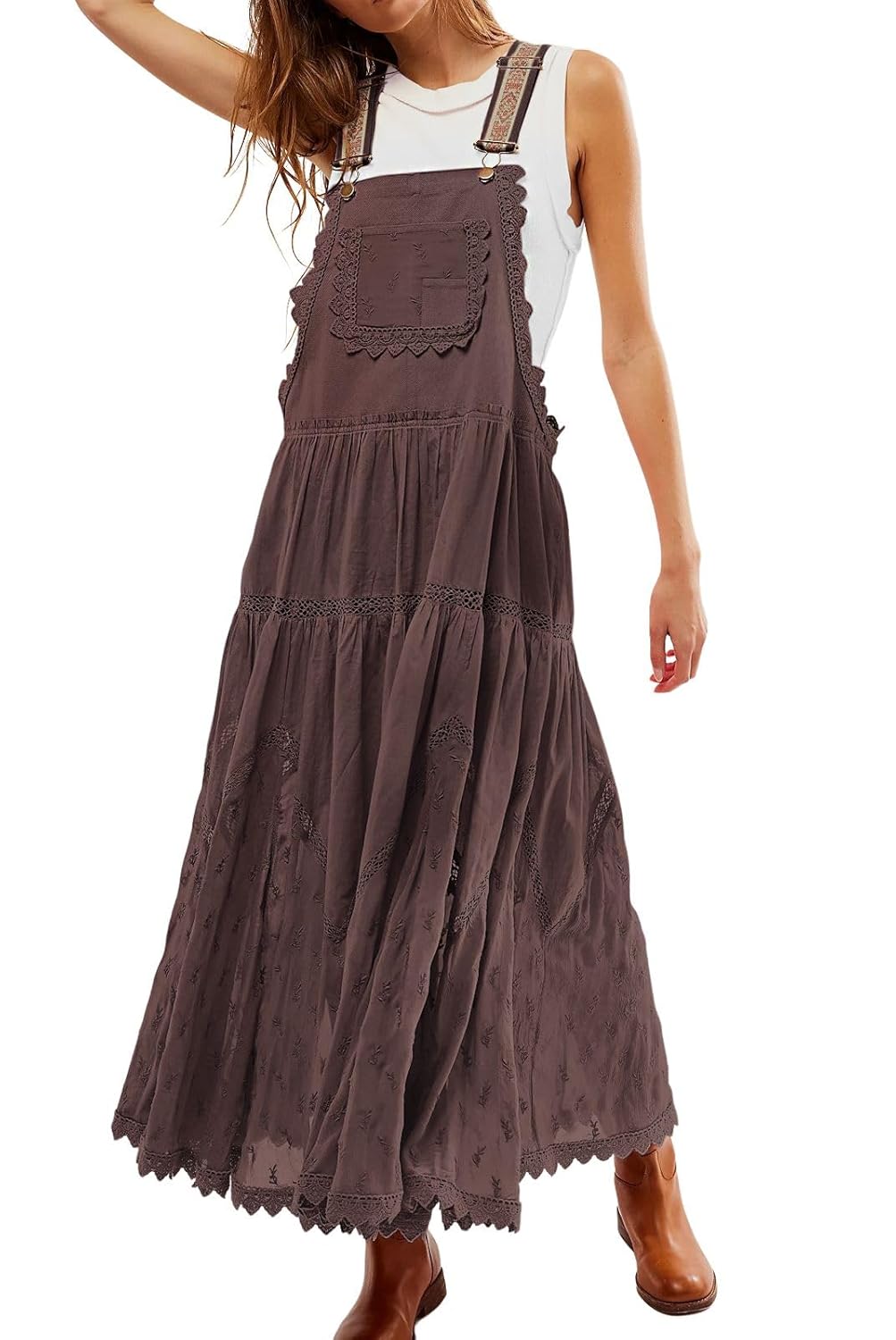 Womens Casual Lace Embroidered Maxi Dress Adjustable Strap Pleated Tiered Swing Long Dress with Pockets