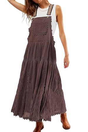 Womens Casual Lace Embroidered Maxi Dress Adjustable Strap Pleated Tiered Swing Long Dress with Pockets